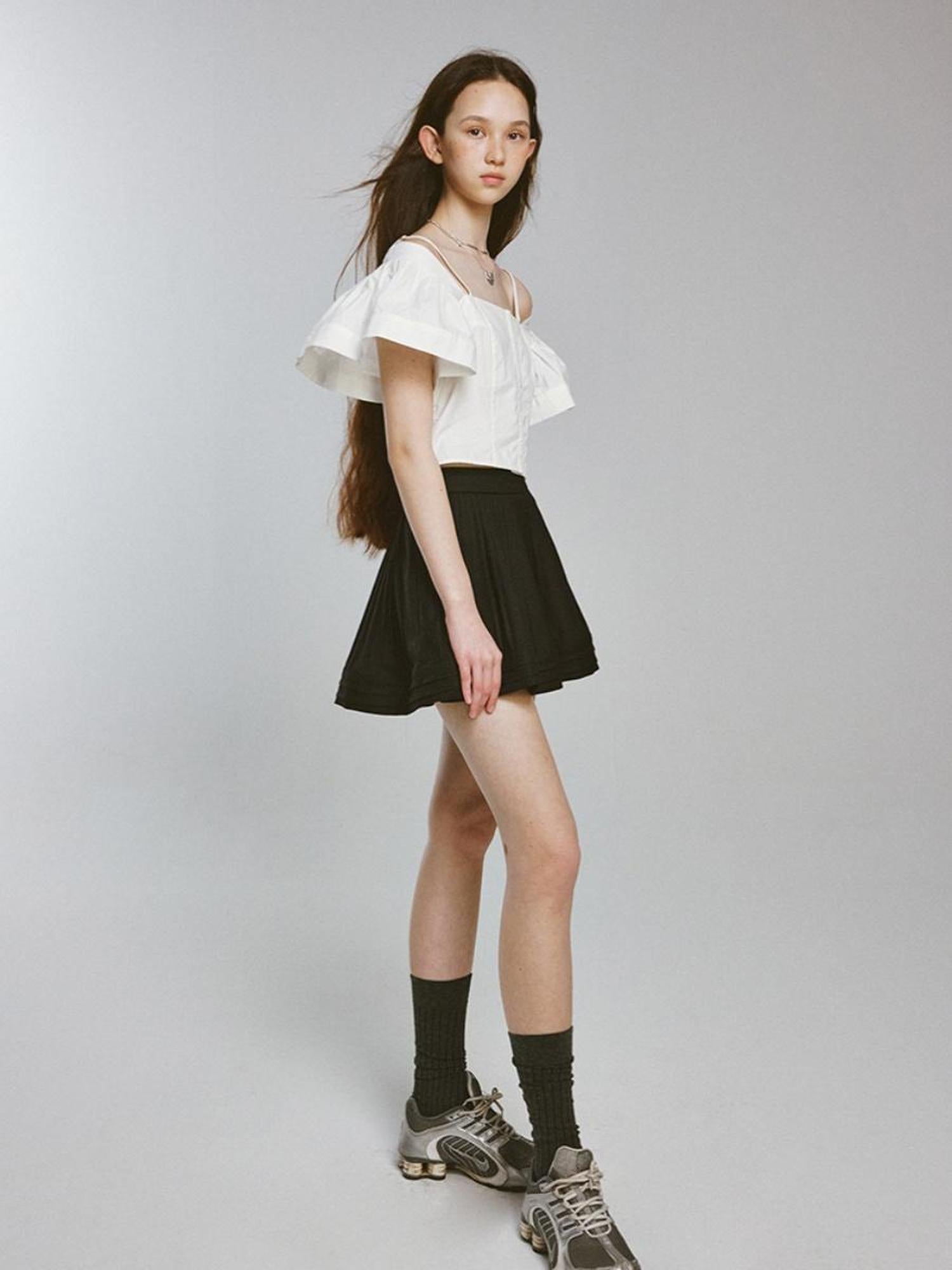 FUSSED Camellia White Square Neck Top With Embossed Texture And Draped Sleeves