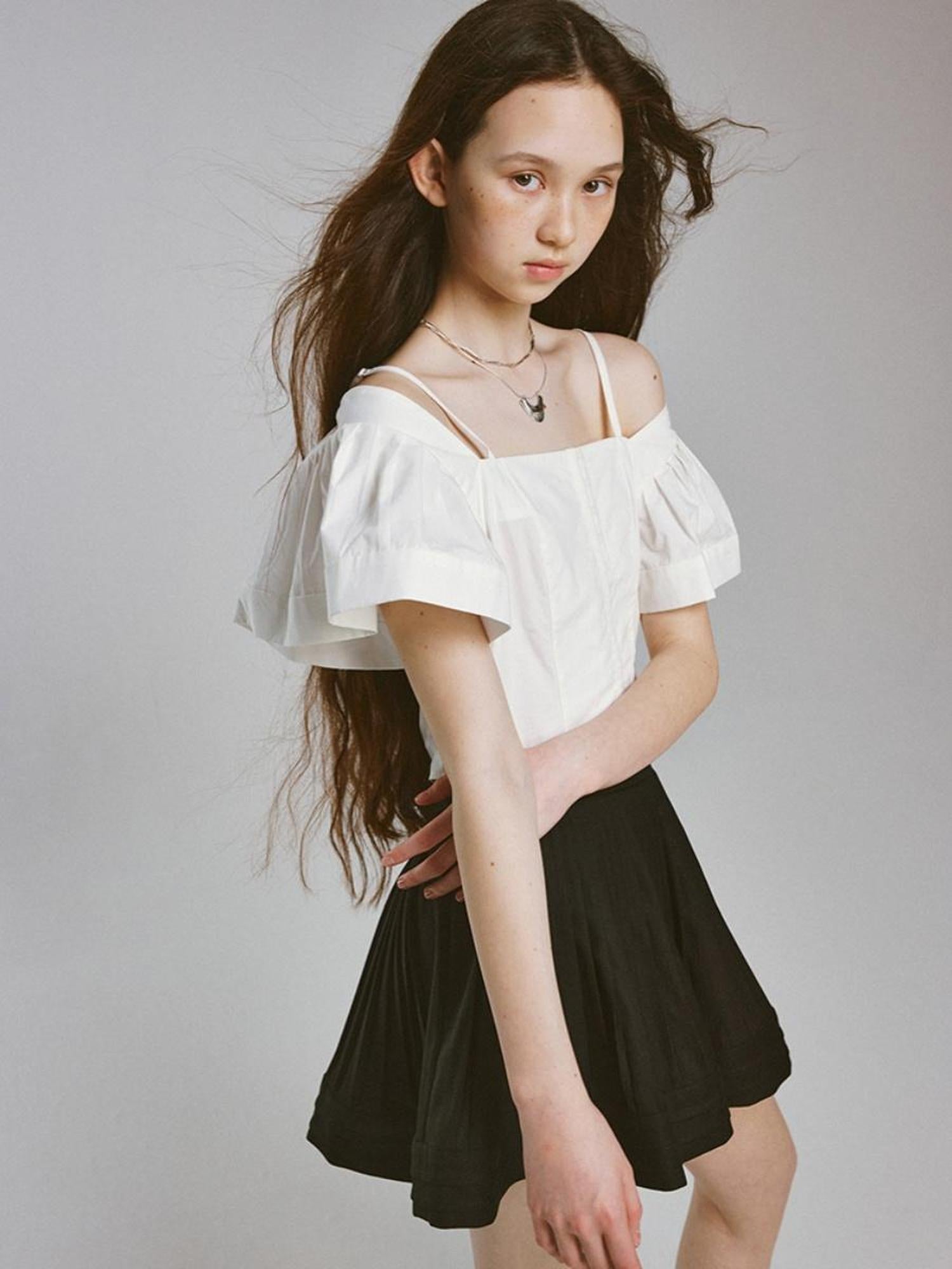 FUSSED Camellia White Square Neck Top With Embossed Texture And Draped Sleeves