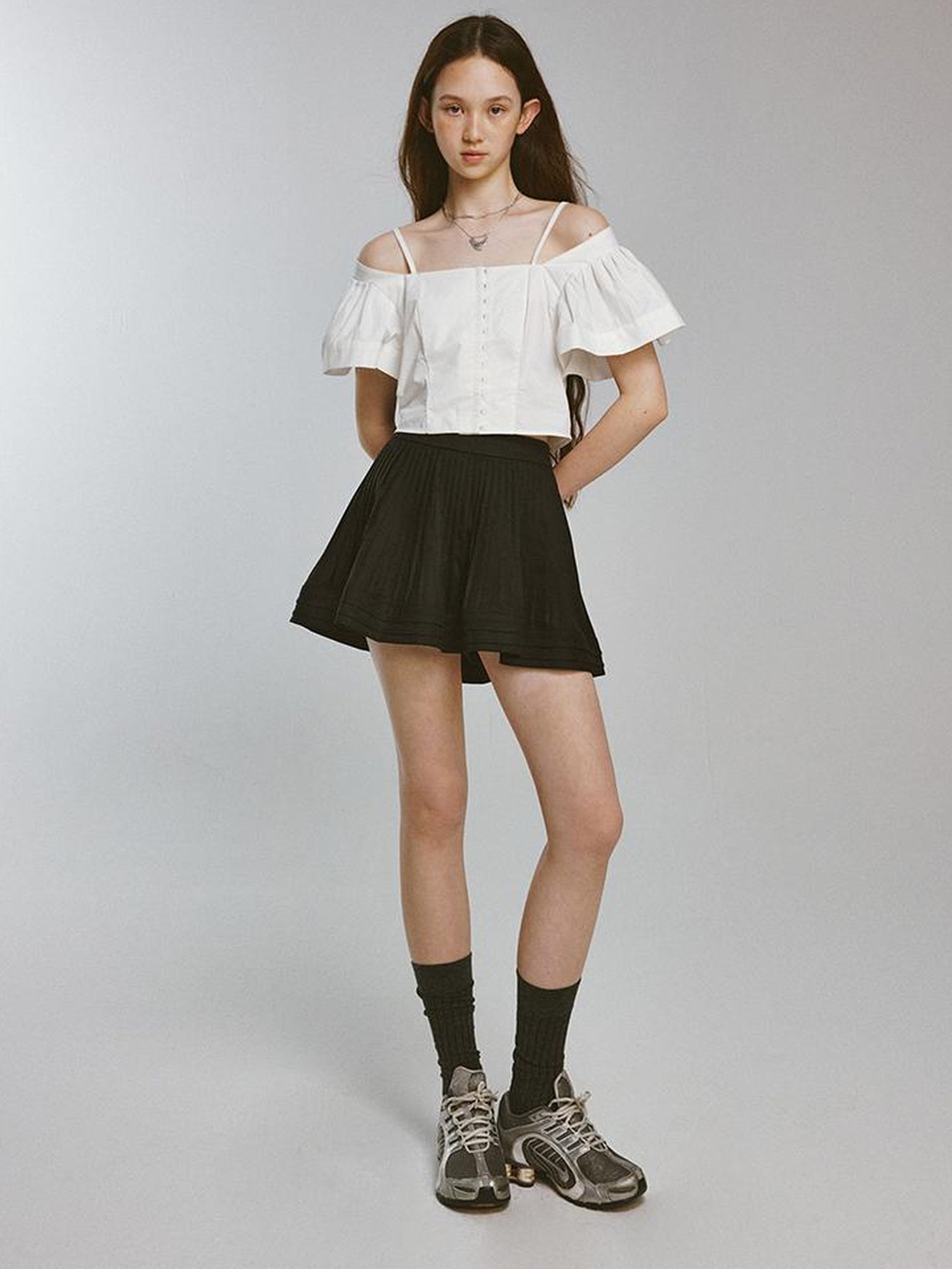 FUSSED Camellia White Square Neck Top With Embossed Texture And Draped Sleeves