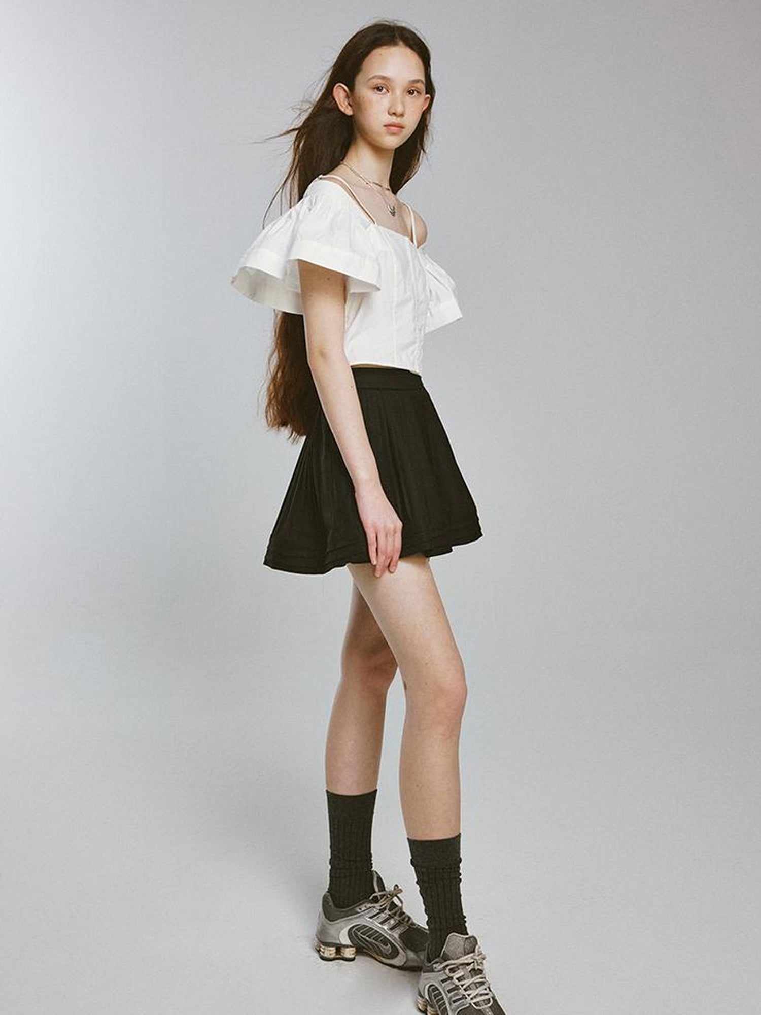 FUSSED Camellia White Square Neck Top With Embossed Texture And Draped Sleeves