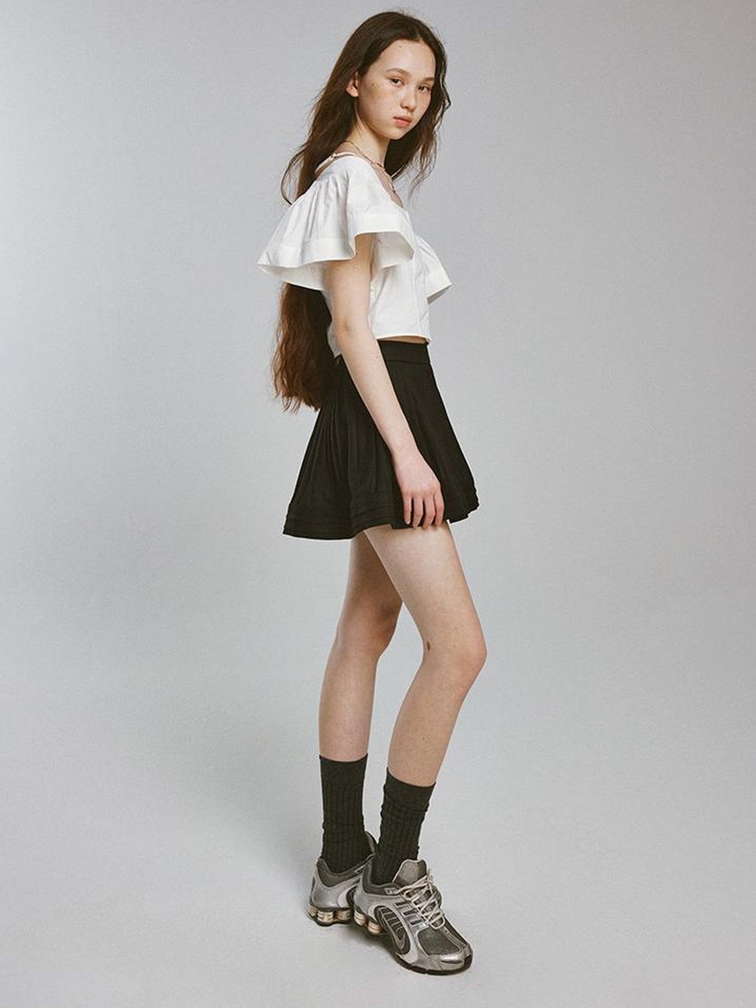 FUSSED Camellia White Square Neck Top With Embossed Texture And Draped Sleeves