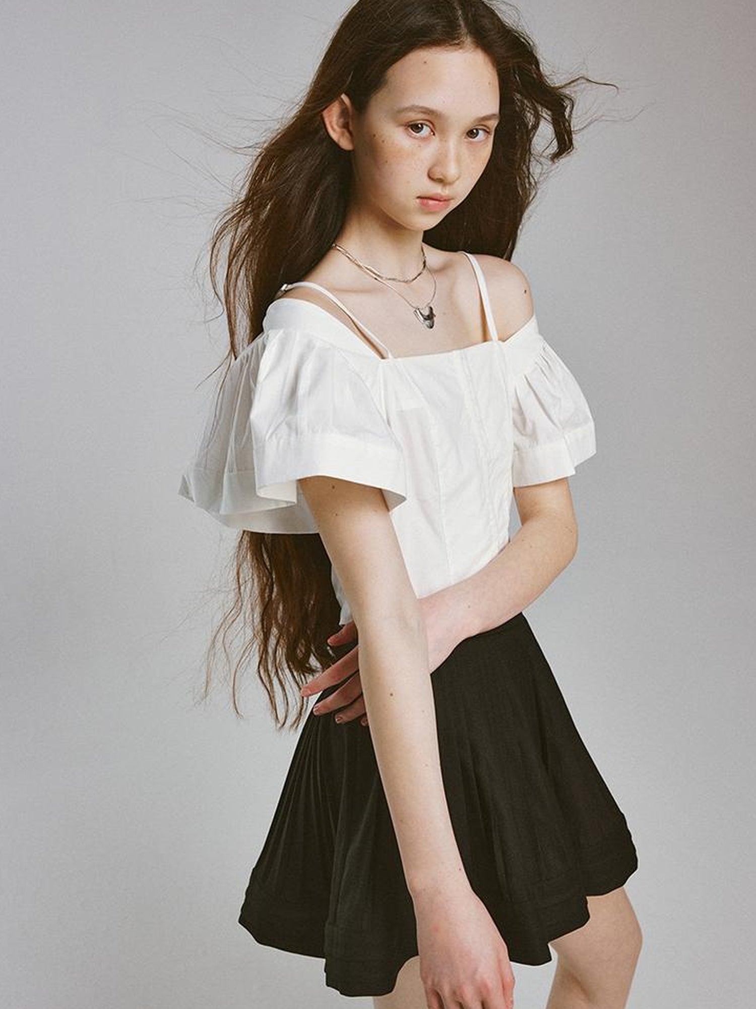 FUSSED Camellia White Square Neck Top With Embossed Texture And Draped Sleeves