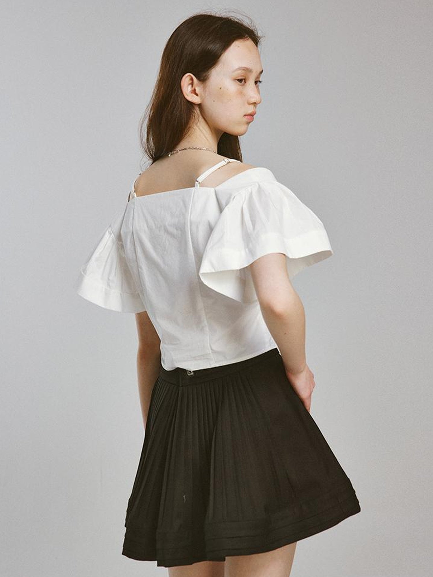 FUSSED Camellia White Square Neck Top With Embossed Texture And Draped Sleeves