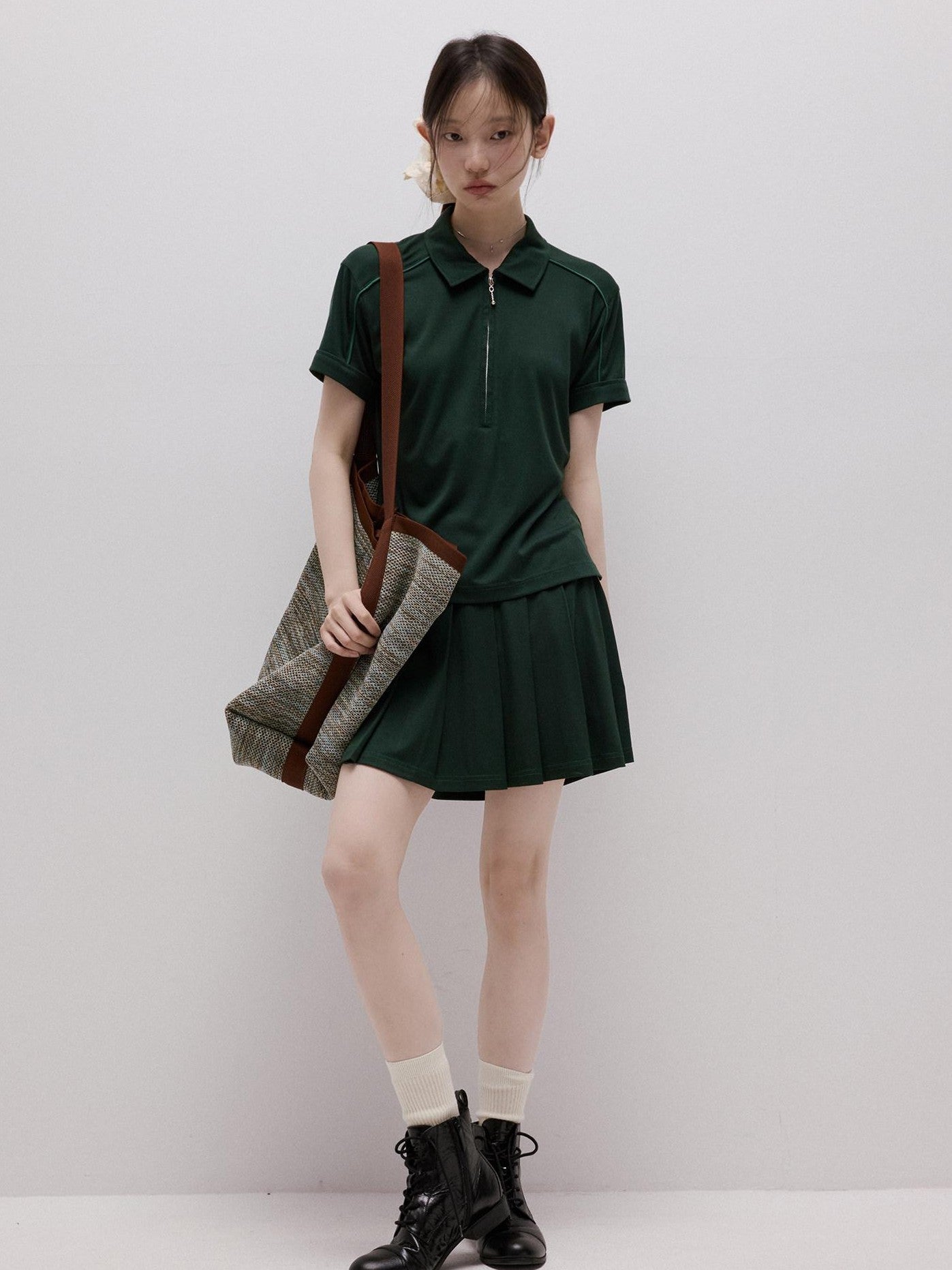 FUSSED Cedar Green Boxy Layered Academy Polo Knit Women&