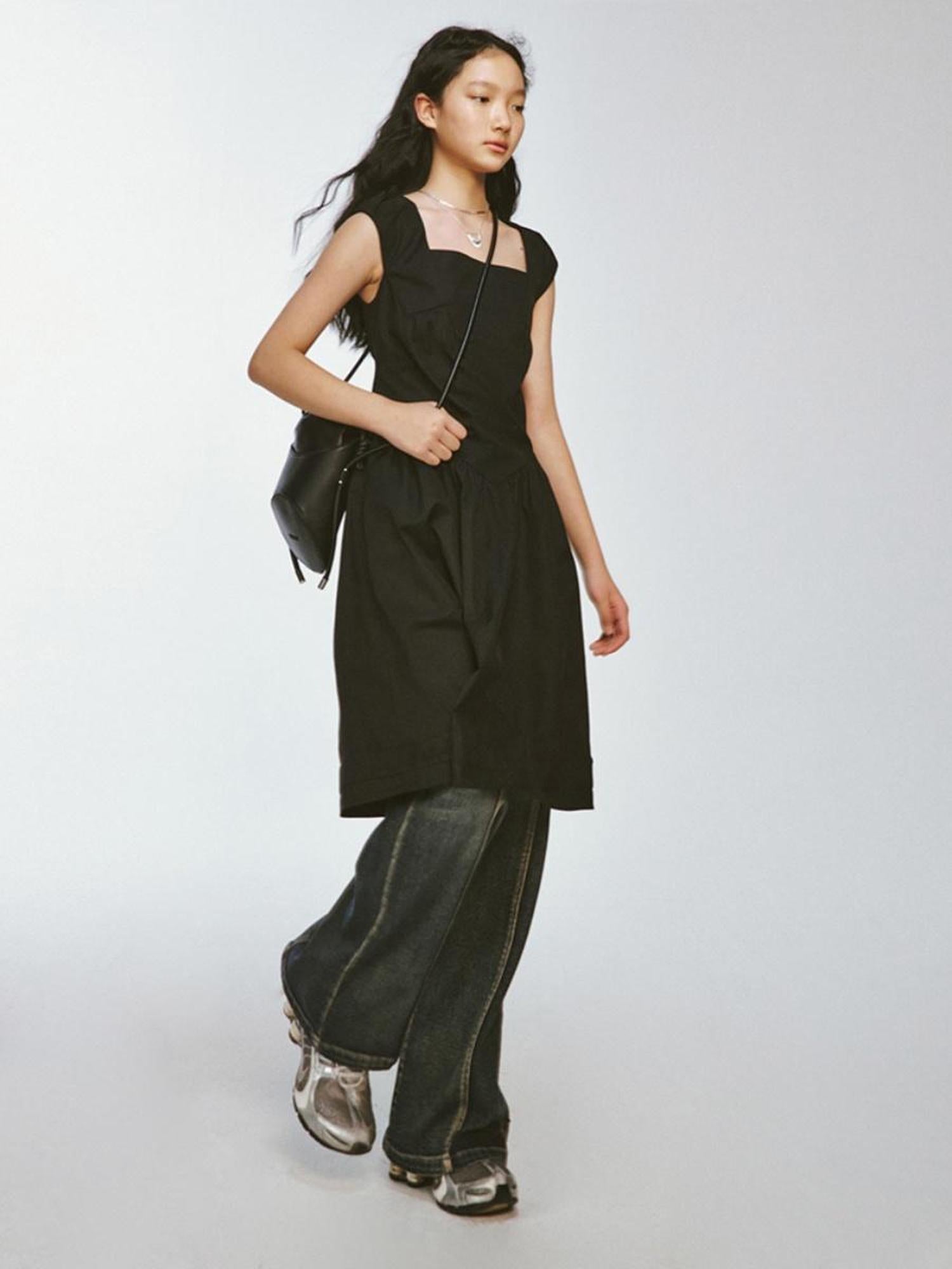 FUSSED Chillax Black Stone Textured Mini A Line V-neck Dress