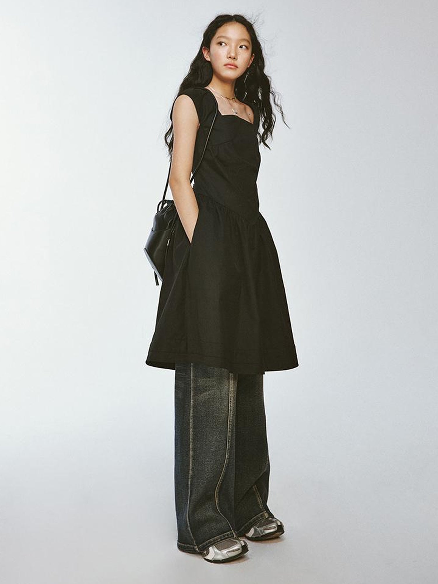 FUSSED Chillax Black Stone Textured Mini A Line V Neck Dress