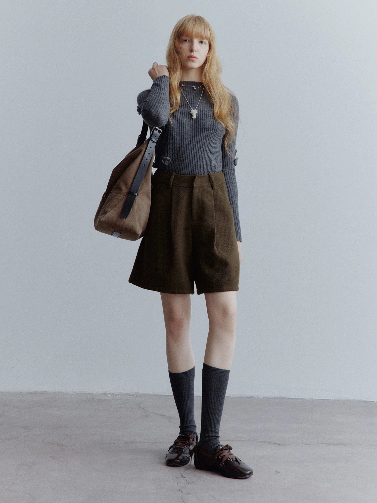 Chocolate Brown Relaxed Wool Blend High Waisted Shorts