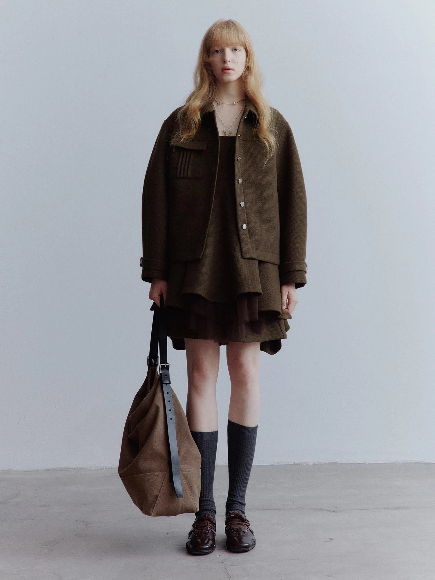 Chocolate Brown Wool Blend Workwear Jacket With Asymmetrical Pockets