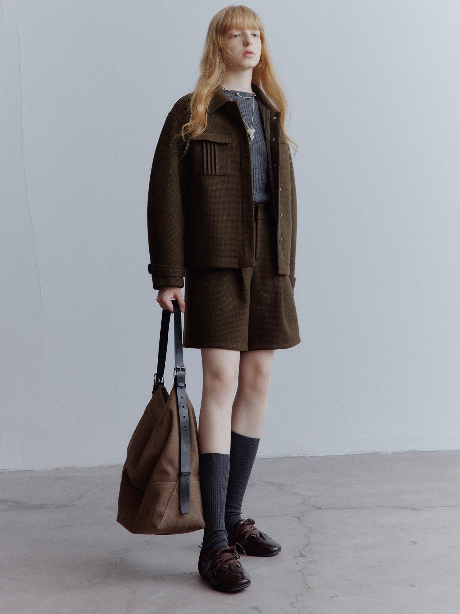 FUSSED Chocolate Brown Wool Blend Workwear Jacket With Asymmetrical Pockets