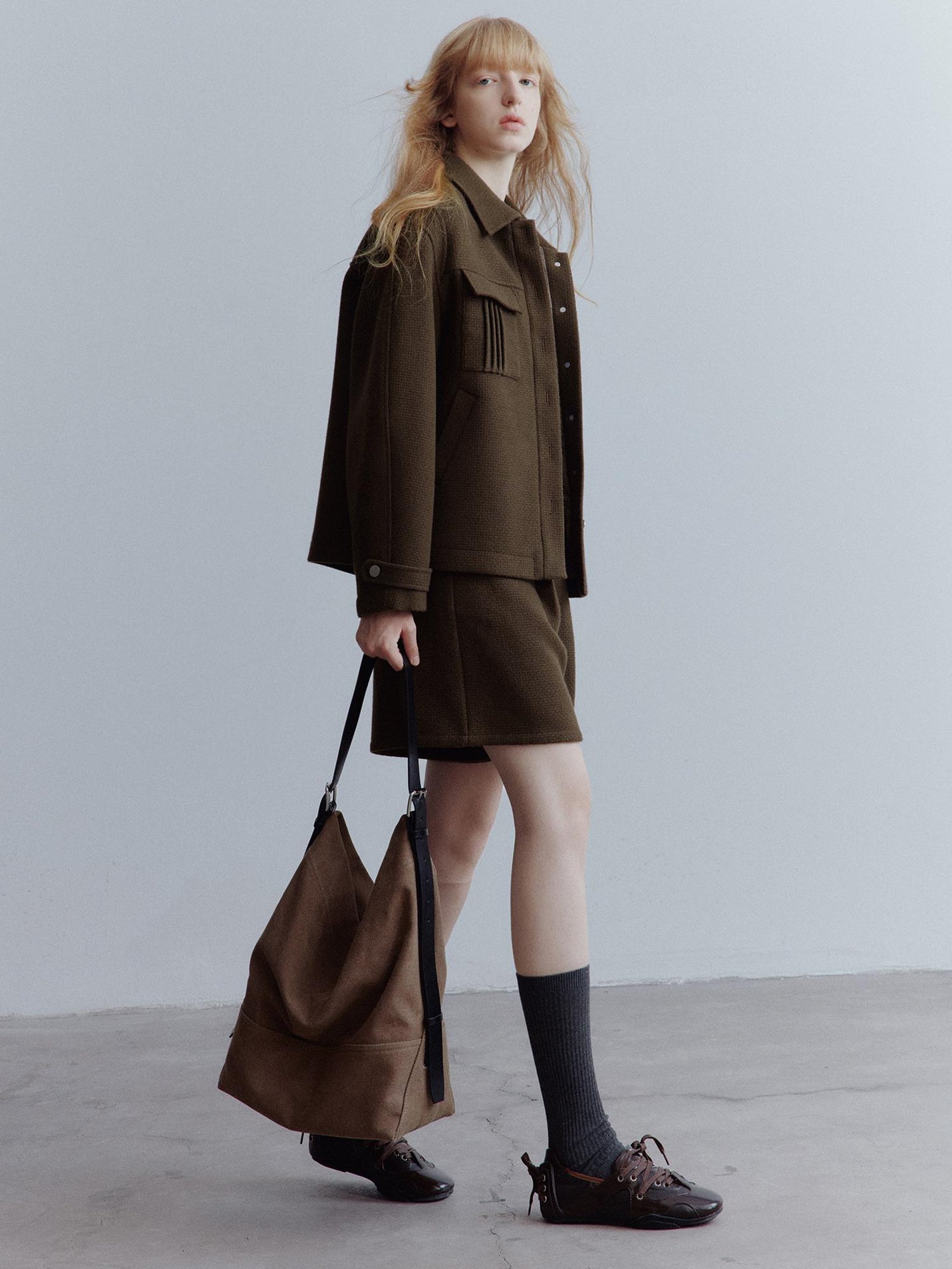 FUSSED Chocolate Brown Wool Blend Workwear Jacket With Asymmetrical Pockets