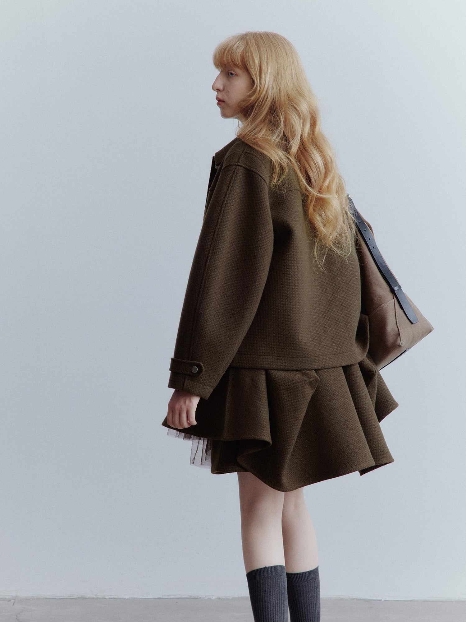 FUSSED Chocolate Brown Wool Blend Workwear Jacket With Asymmetrical Pockets