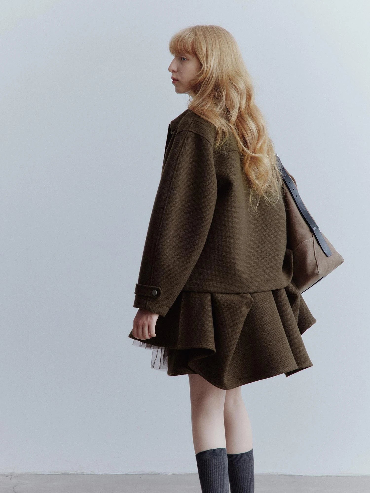 Chocolate Brown Wool Blend Workwear Jacket With Asymmetrical Pockets