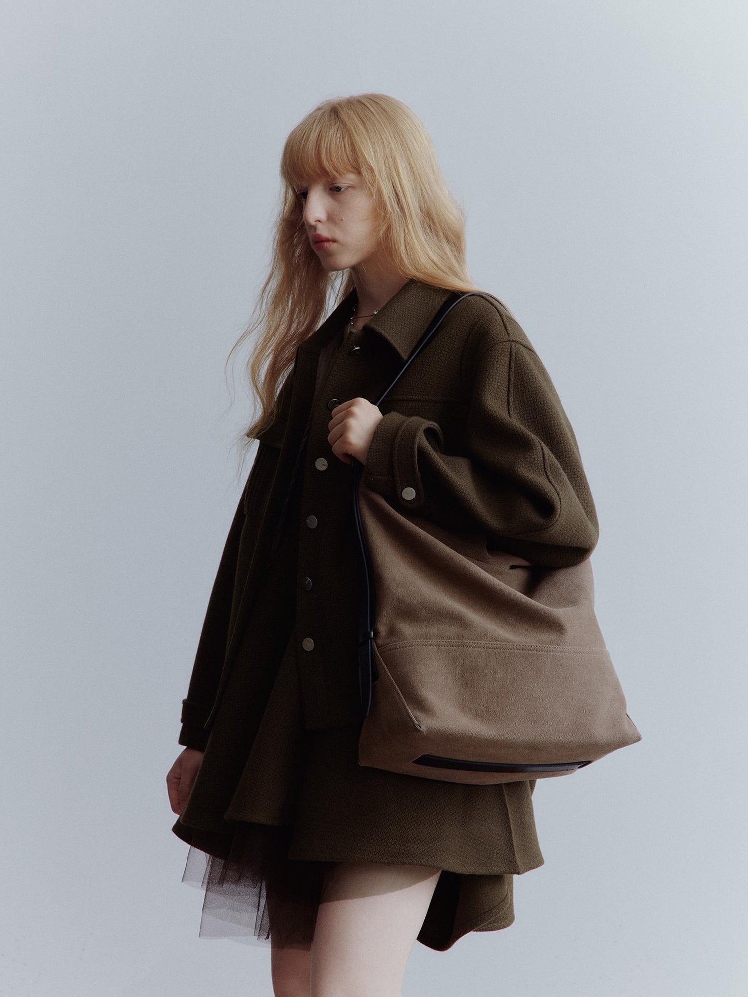 FUSSED Chocolate Brown Wool Blend Workwear Jacket With Asymmetrical Pockets