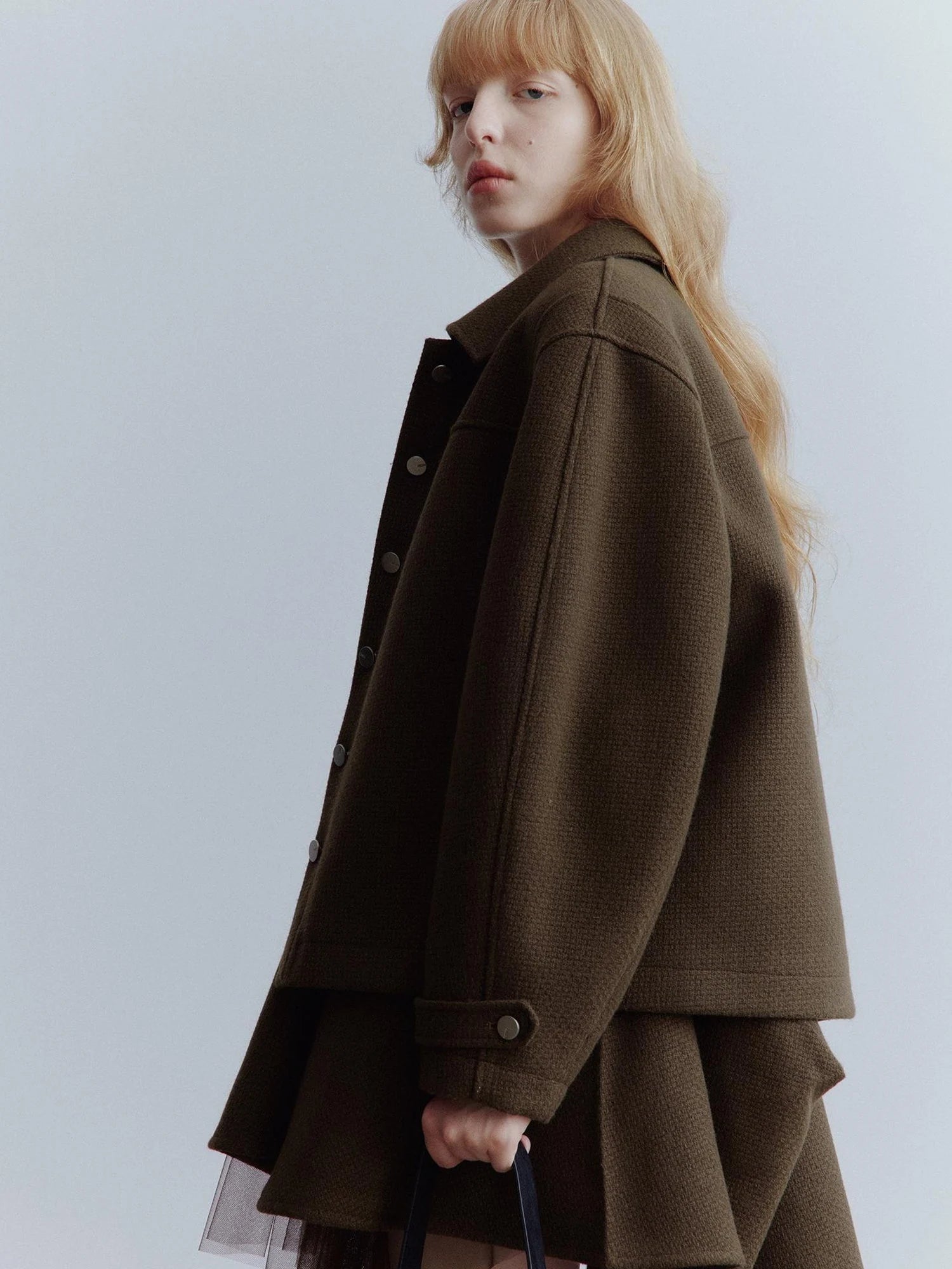 Chocolate Brown Wool Blend Workwear Jacket With Asymmetrical Pockets