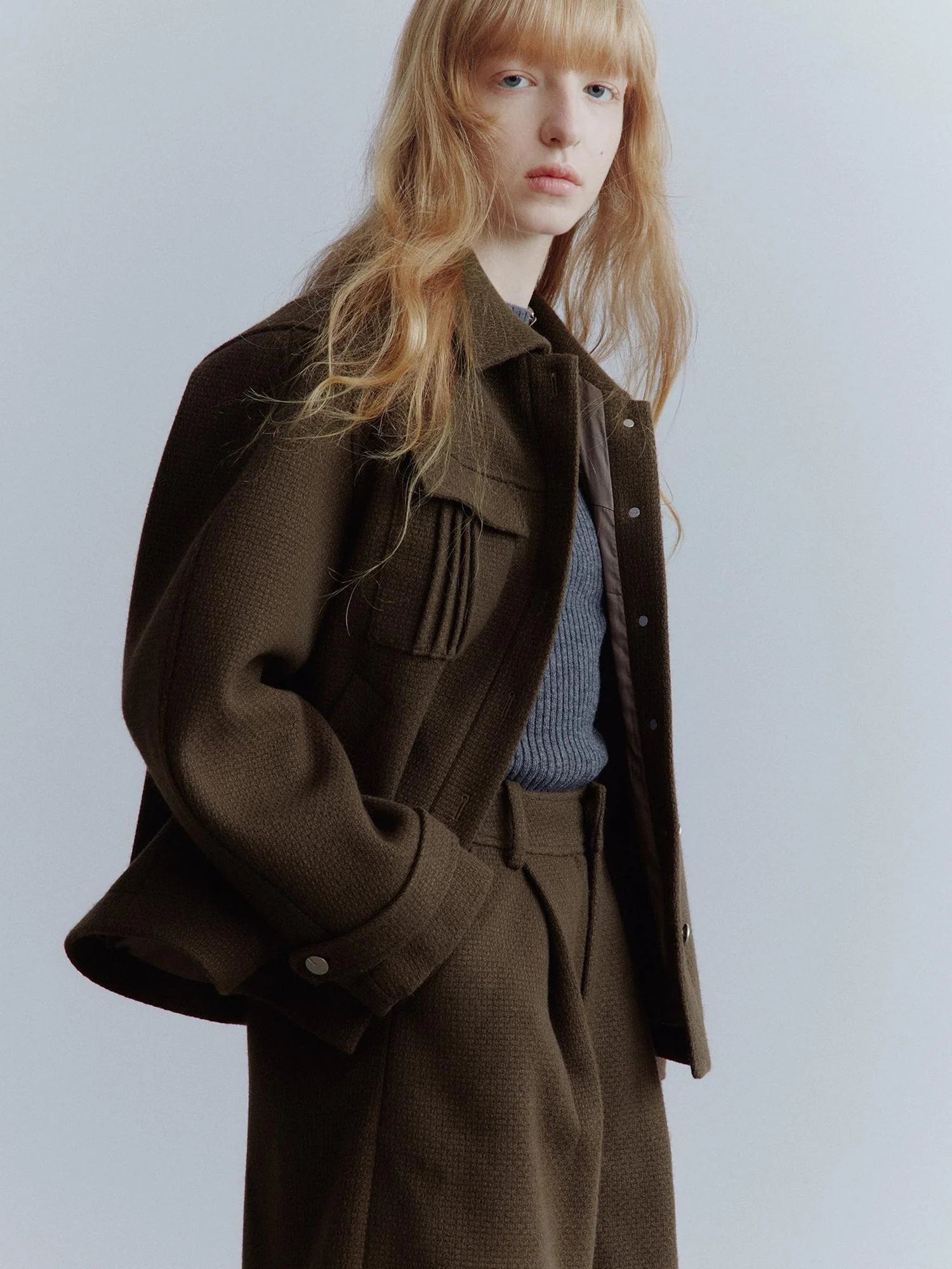 Chocolate Brown Wool Blend Workwear Jacket With Asymmetrical Pockets