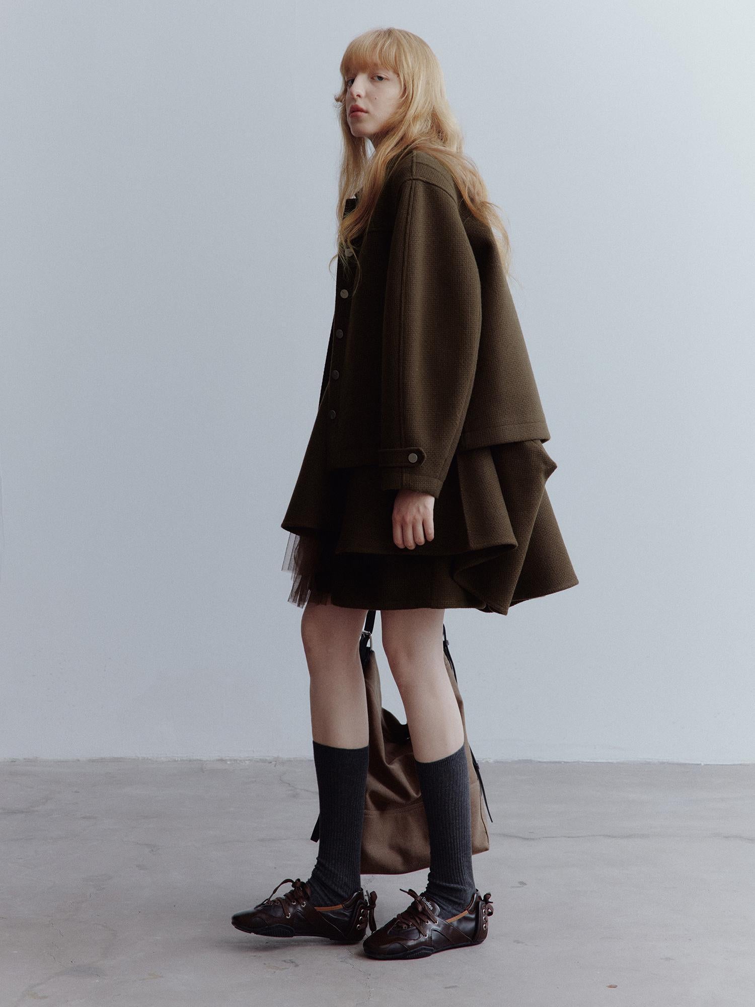 FUSSED Chocolate Brown Wool Blend Workwear Jacket With Asymmetrical Pockets