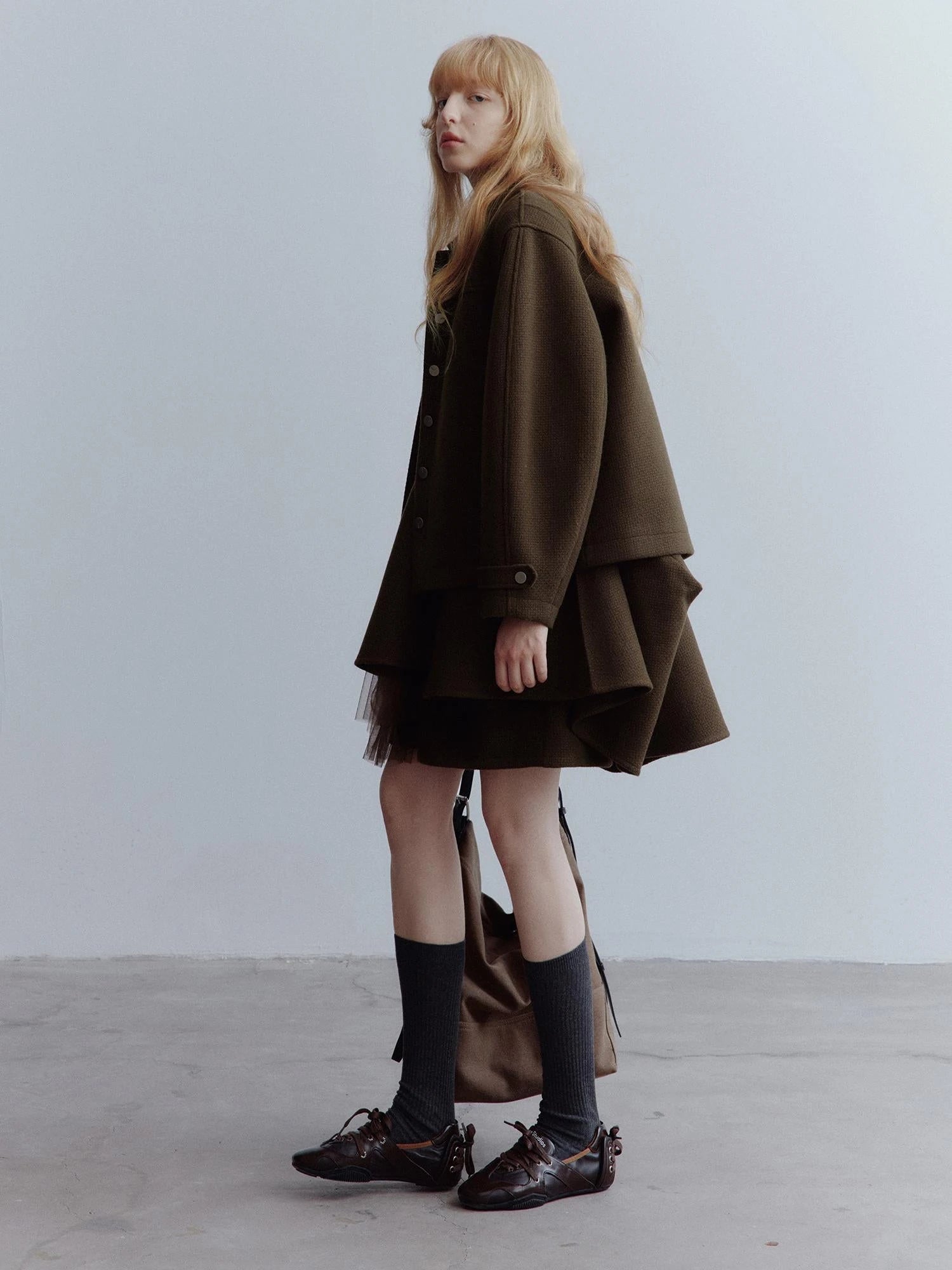 Chocolate Brown Wool Blend Workwear Jacket With Asymmetrical Pockets