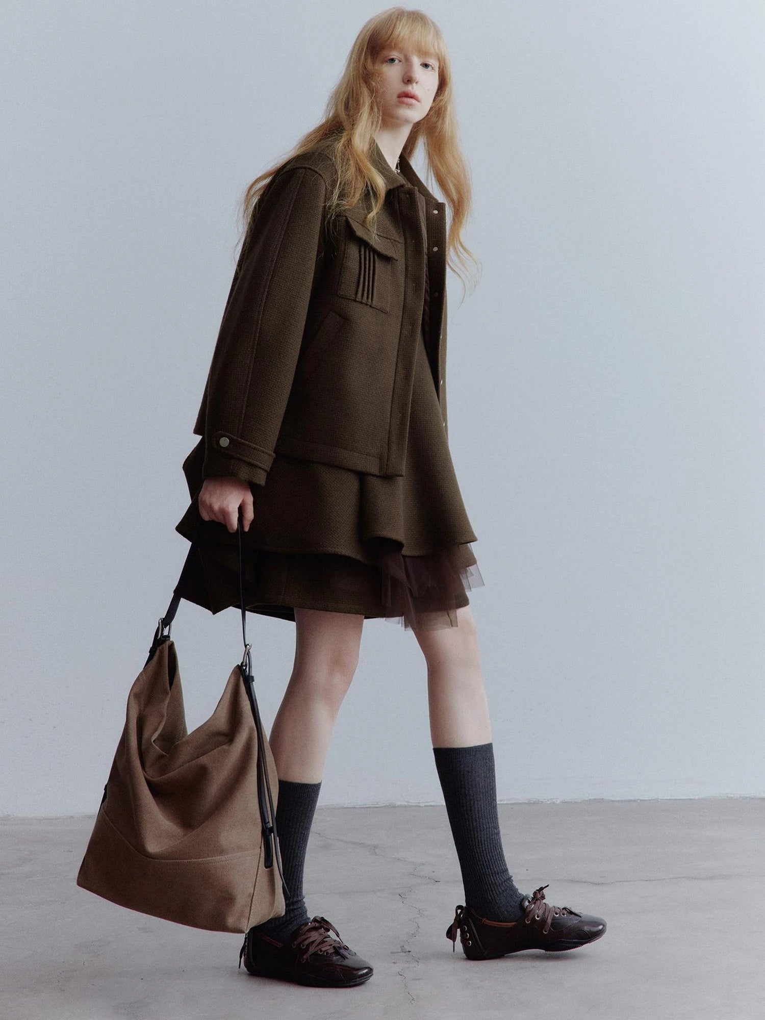Chocolate Brown Wool Blend Workwear Jacket With Asymmetrical Pockets
