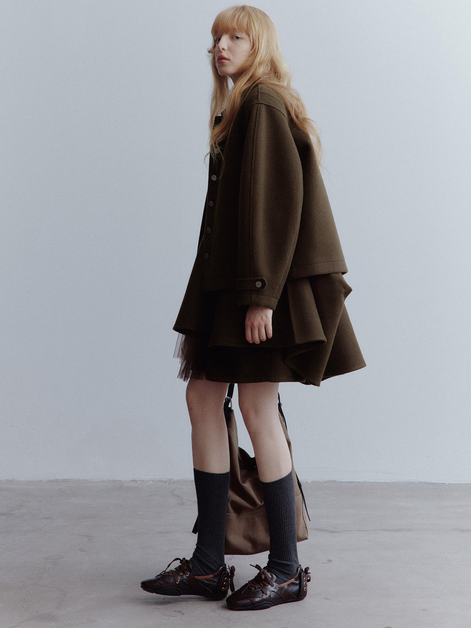 FUSSED Chocolate Brown Wool Blend Workwear Jacket With Asymmetrical Pockets