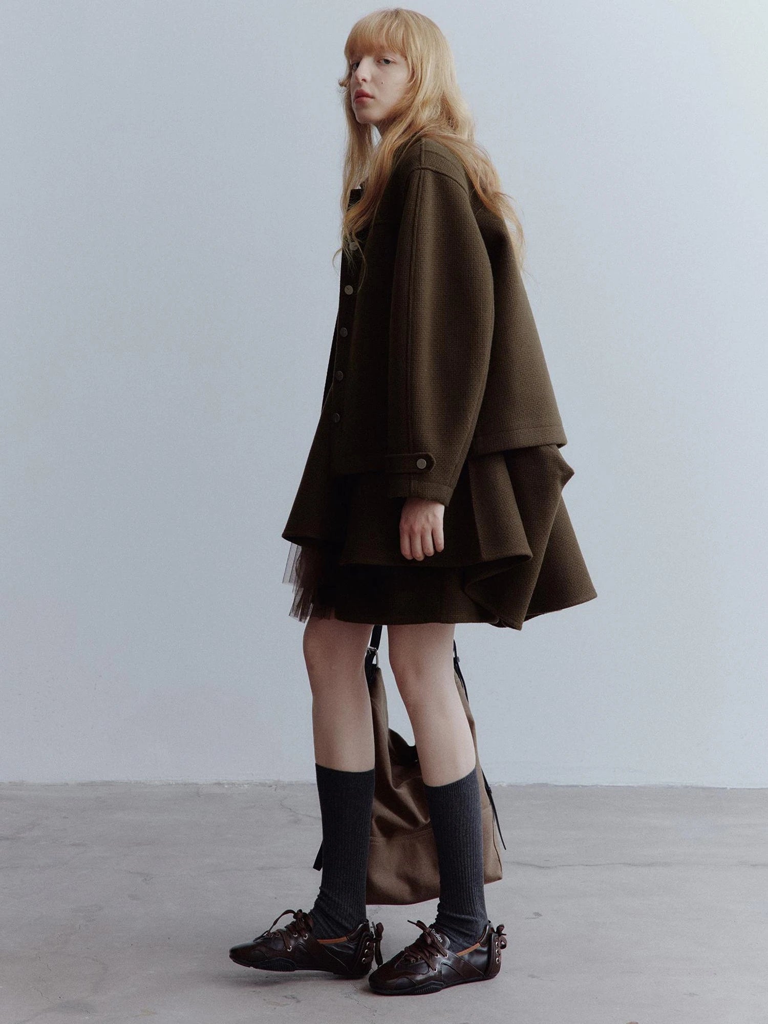 Chocolate Brown Wool Blend Workwear Jacket With Asymmetrical Pockets