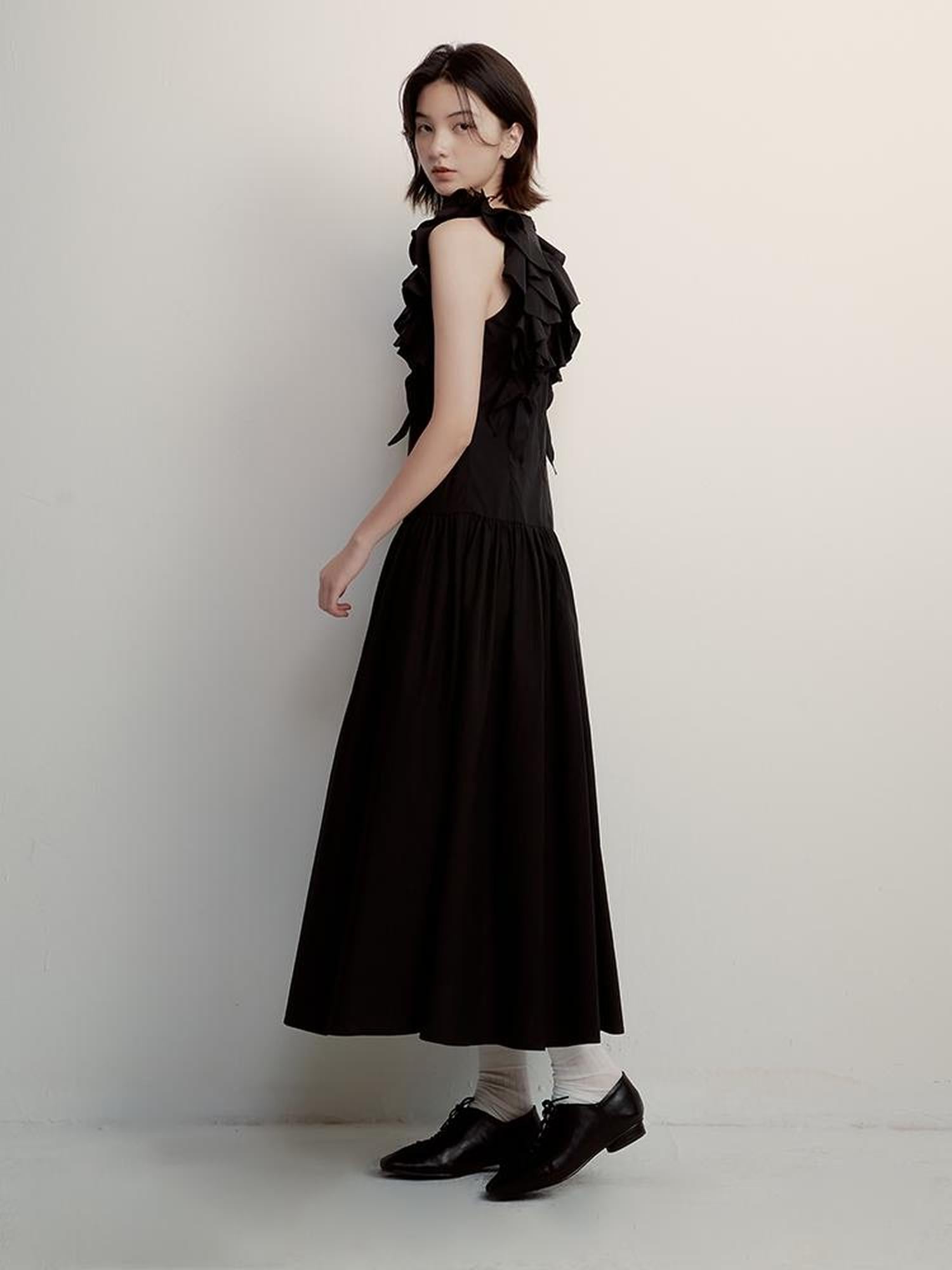 FUSSED Circus Night Black Asymmetrical Ruffle Hem Maxi Dress