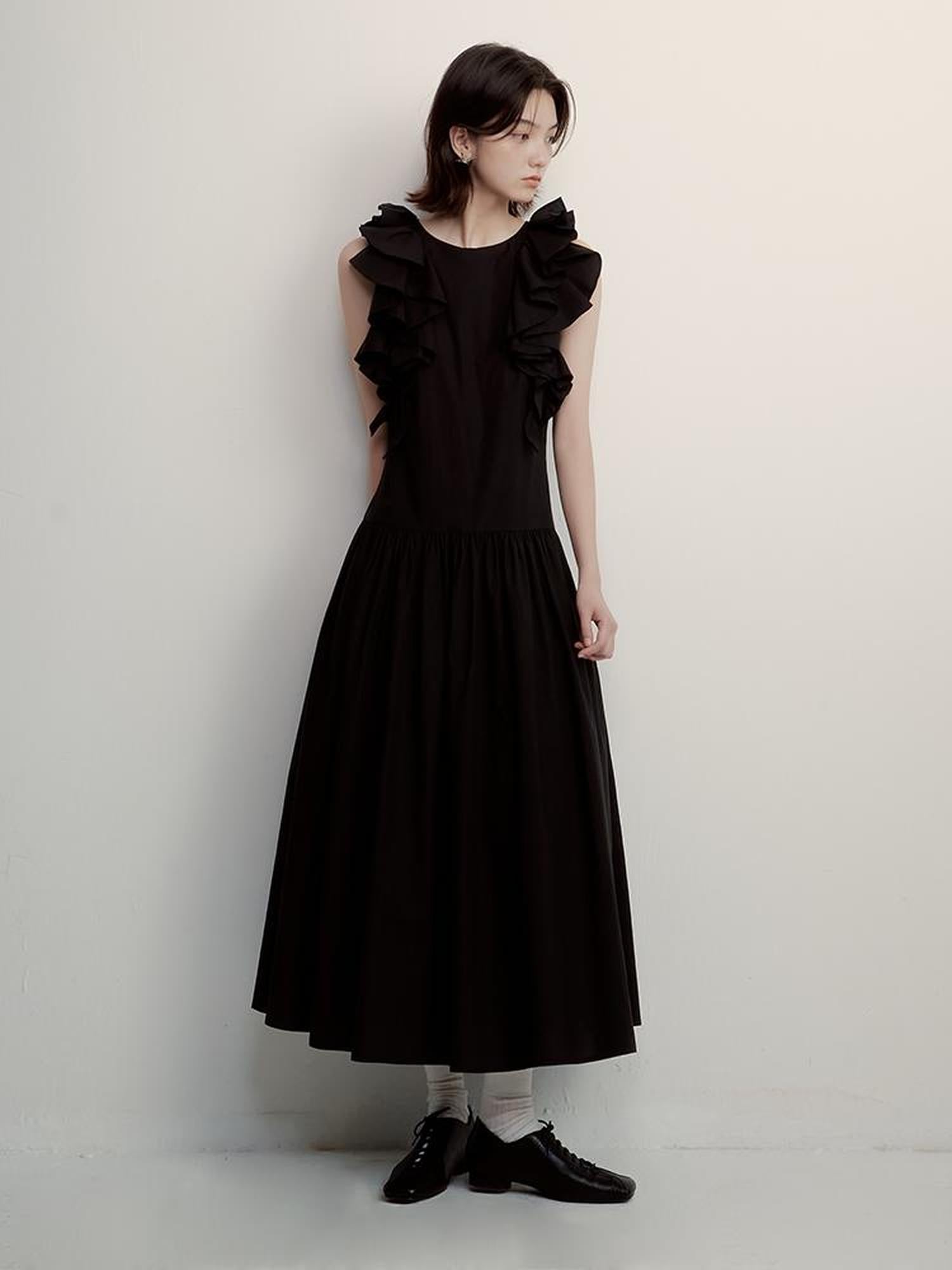 FUSSED Circus Night Black Asymmetrical Ruffle Hem Maxi Dress