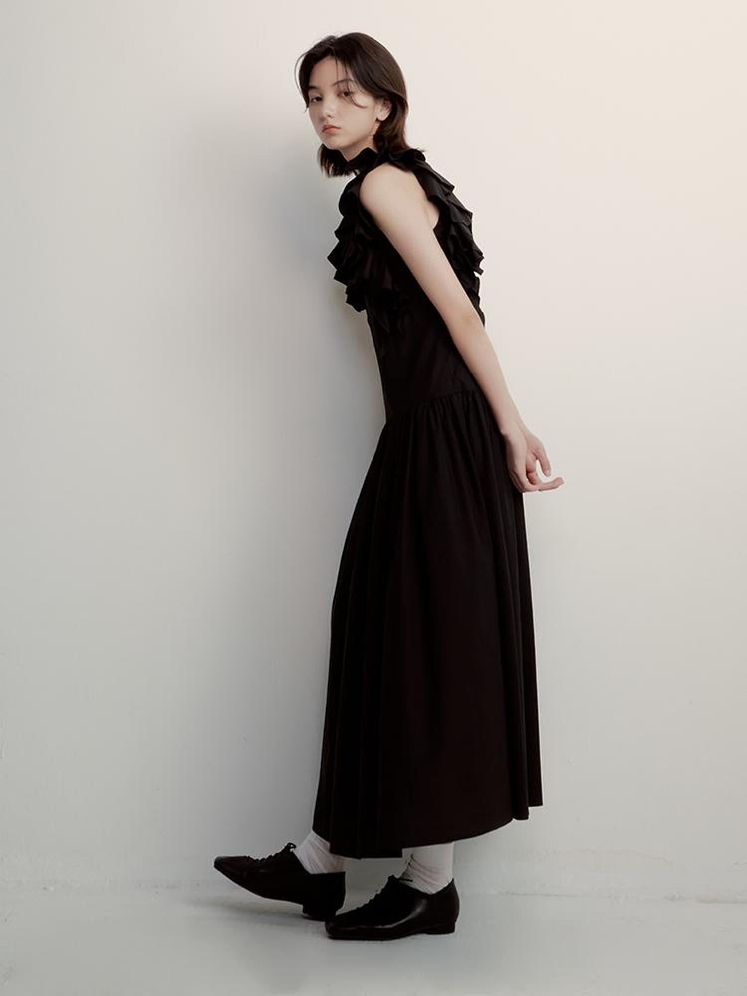 FUSSED Circus Night Black Asymmetrical Ruffle Hem Maxi Dress