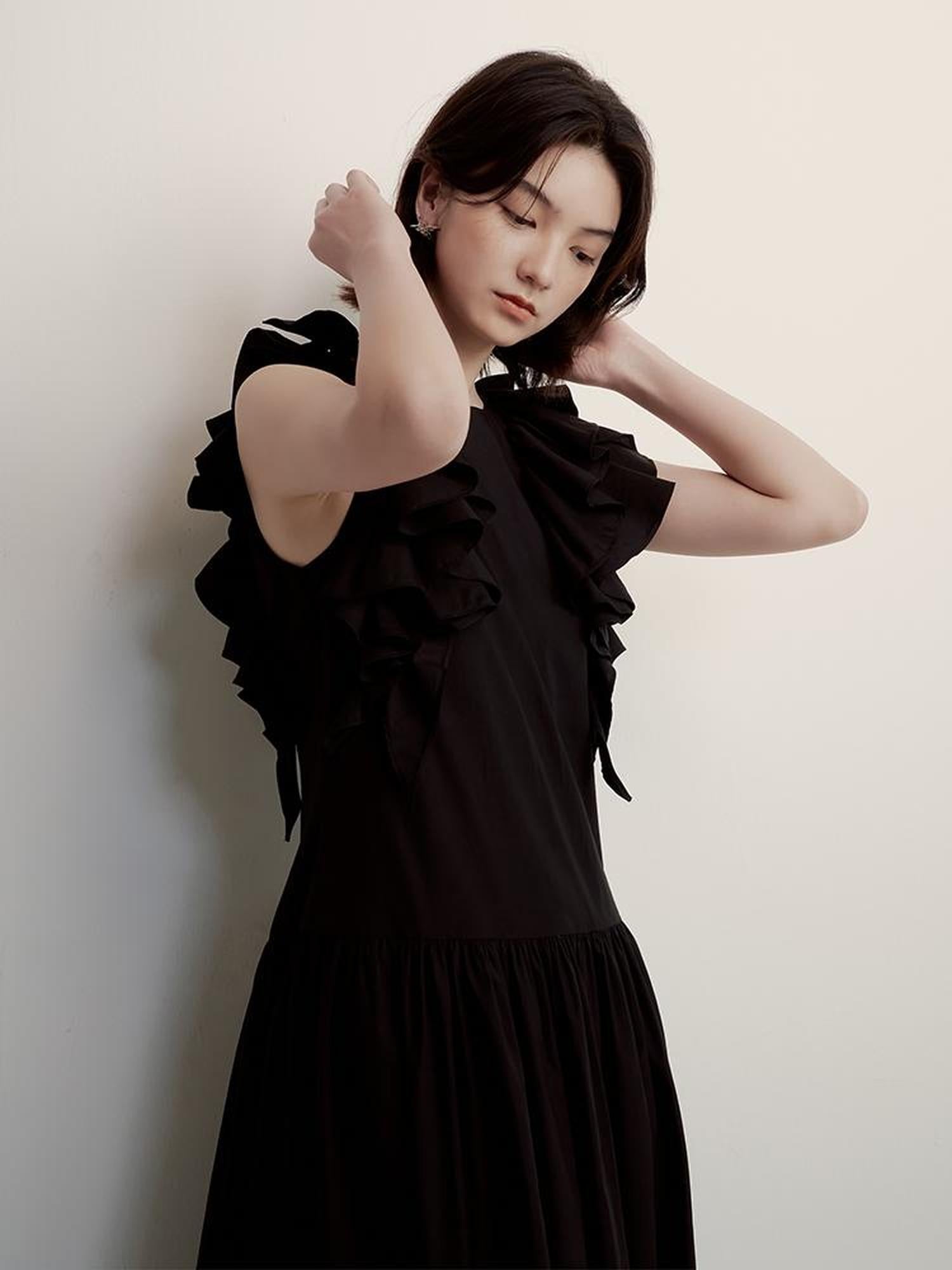 FUSSED Circus Night Black Asymmetrical Ruffle Hem Maxi Dress