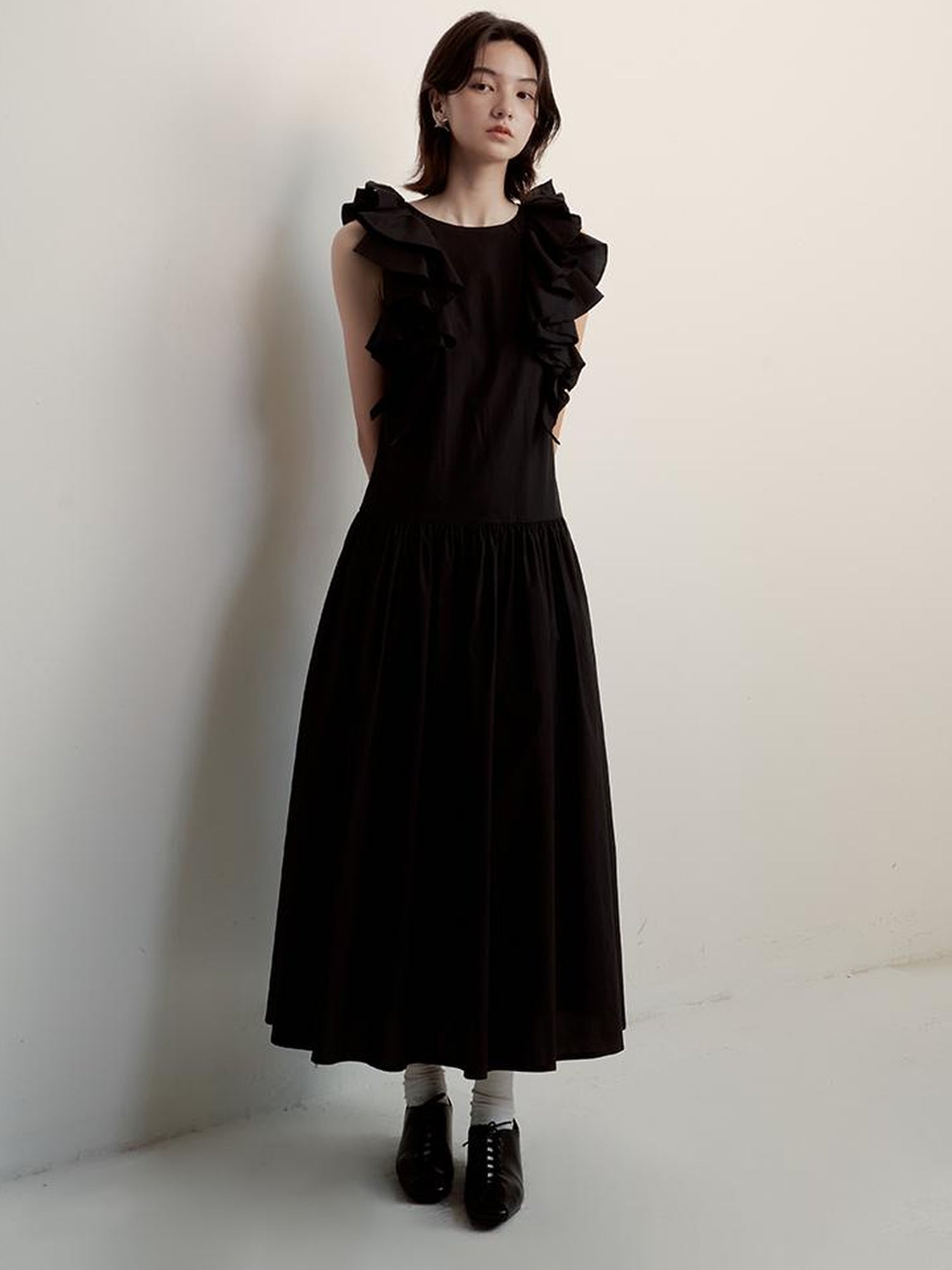 FUSSED Circus Night Black Asymmetrical Ruffle Hem Maxi Dress