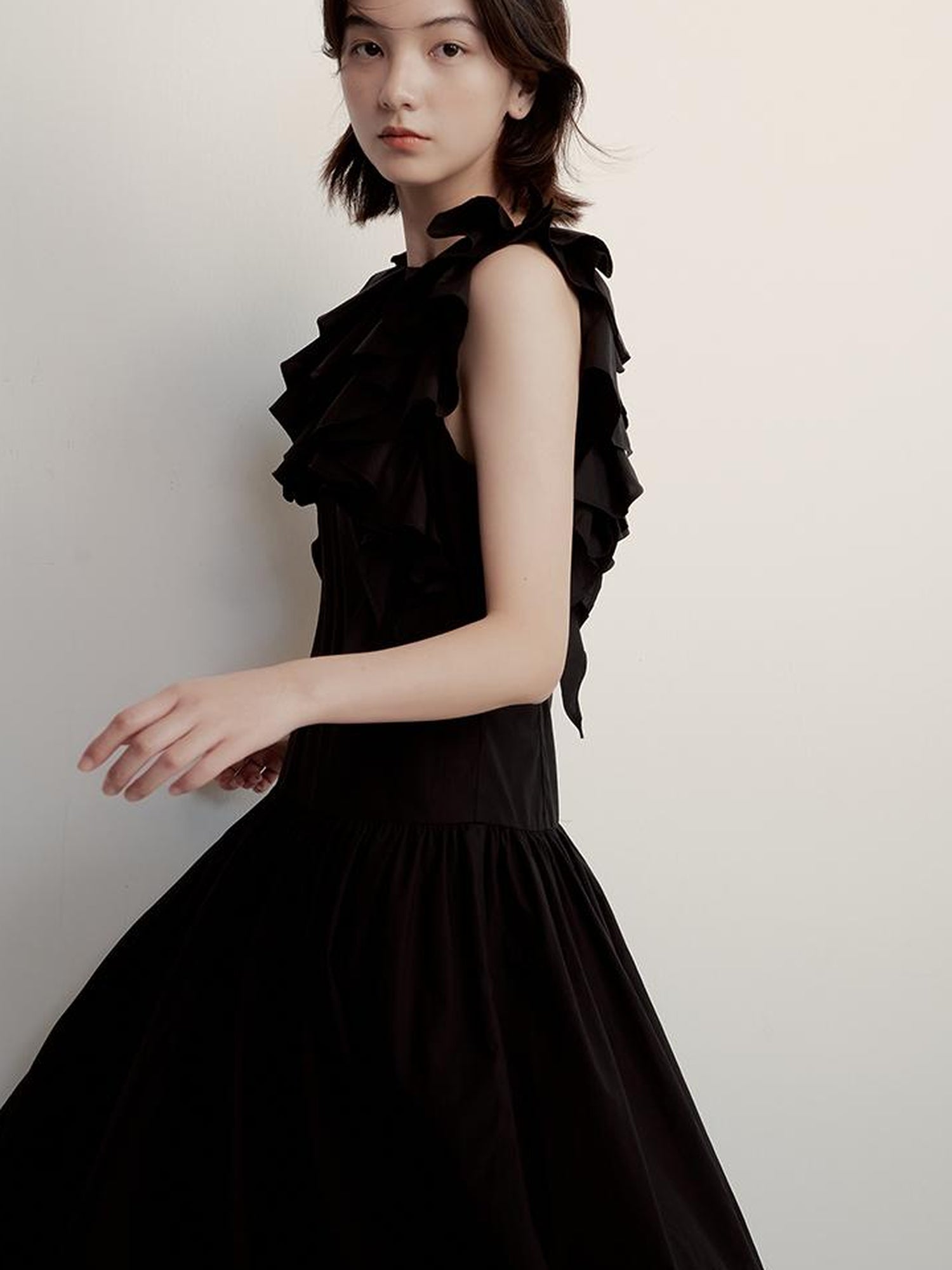 FUSSED Circus Night Black Asymmetrical Ruffle Hem Maxi Dress