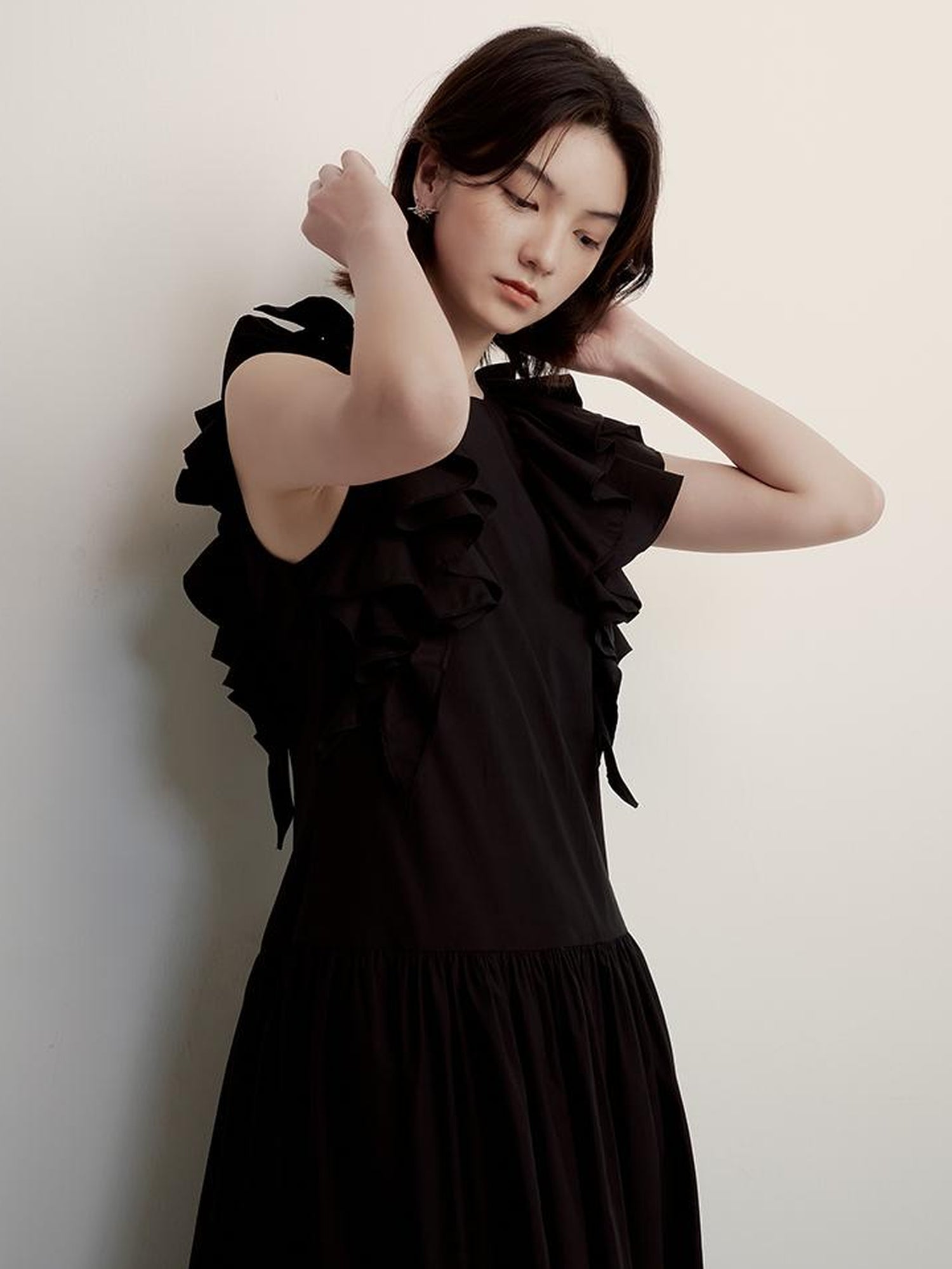 FUSSED Circus Night Black Asymmetrical Ruffle Hem Maxi Dress