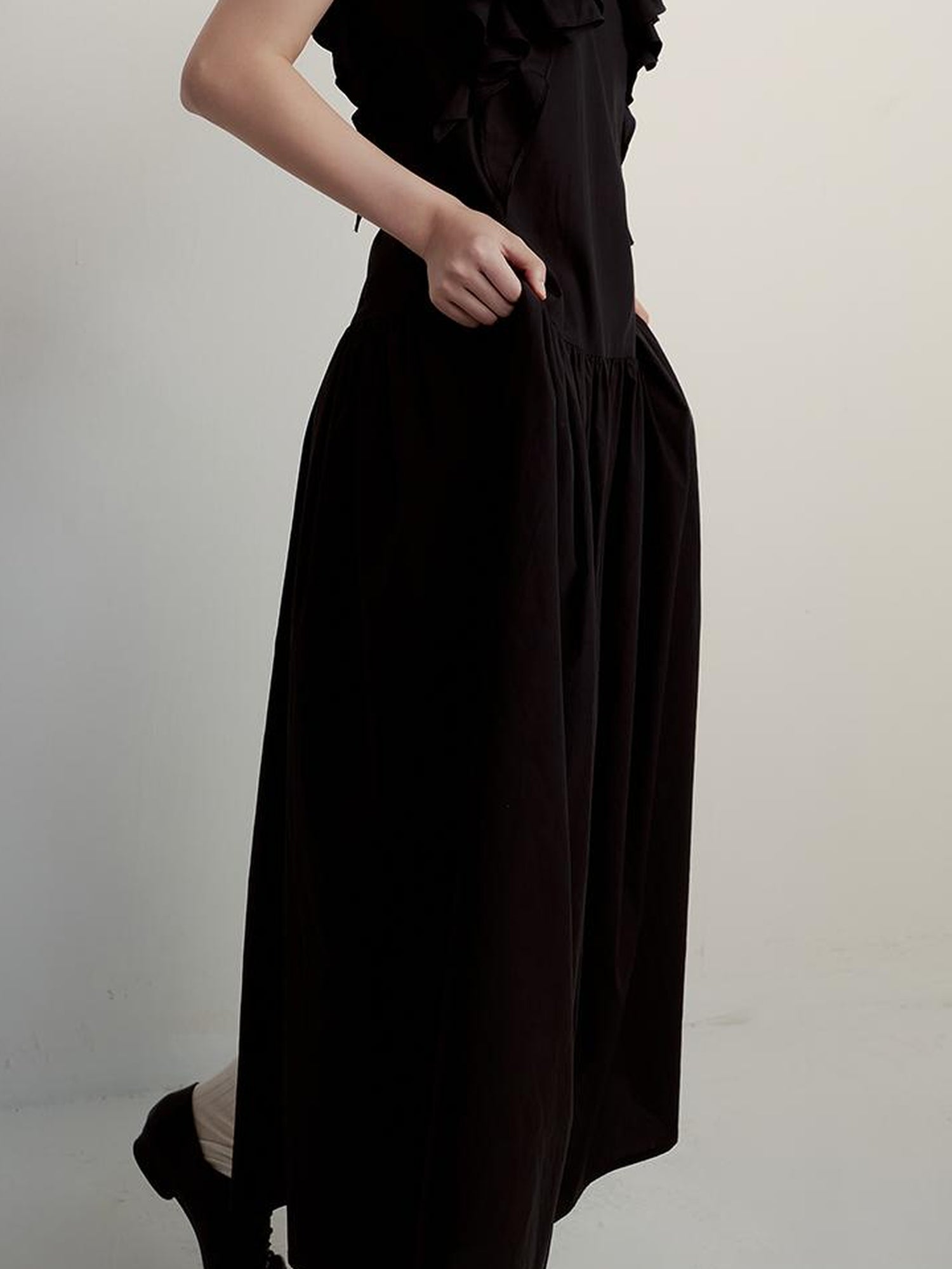 FUSSED Circus Night Black Asymmetrical Ruffle Hem Maxi Dress