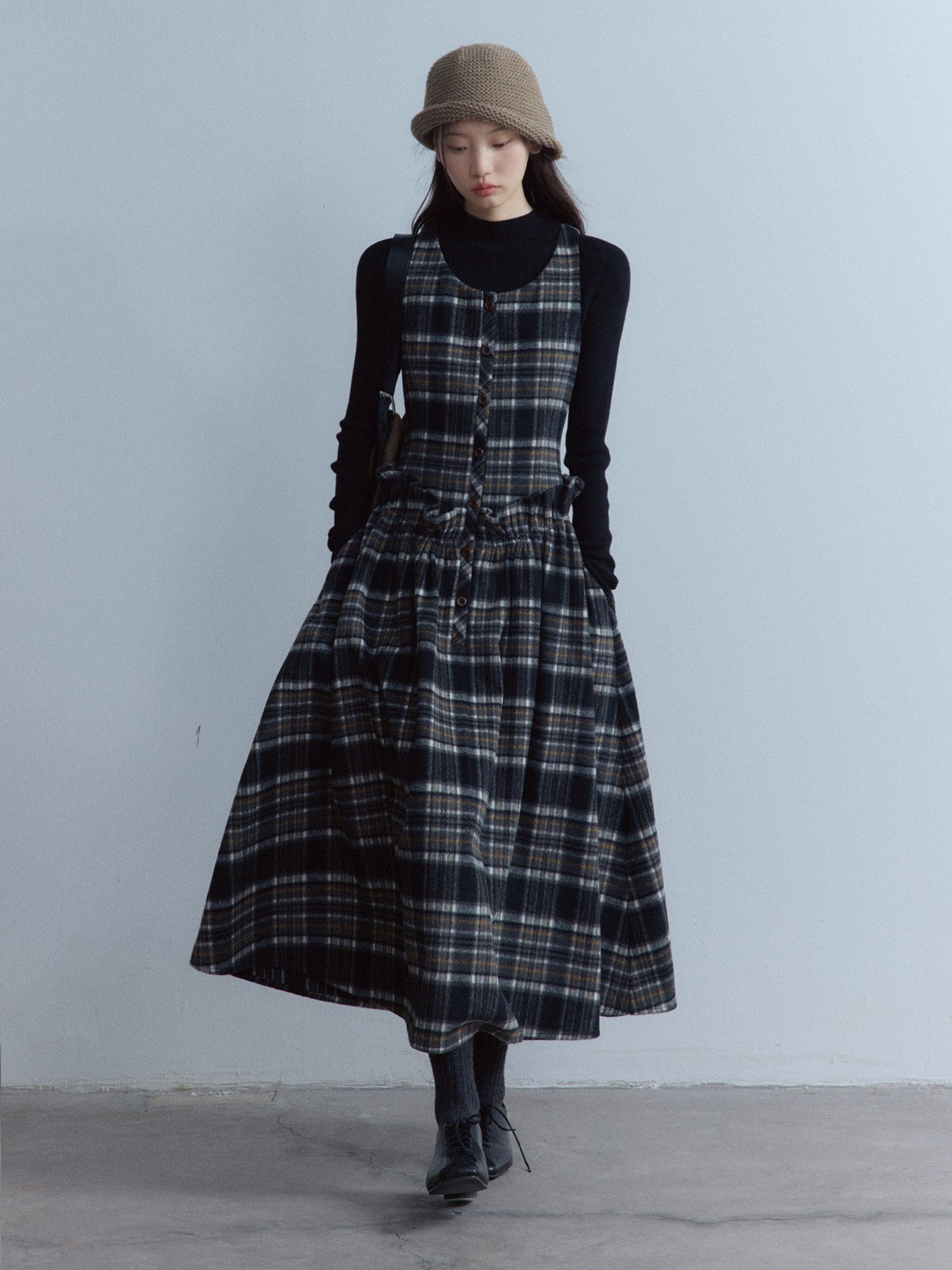 FUSSED_Classic_Tartan_Low_Waist_Twist_Pleat_Aline_Girly_Button_Maxi_Dresses_MISSTT