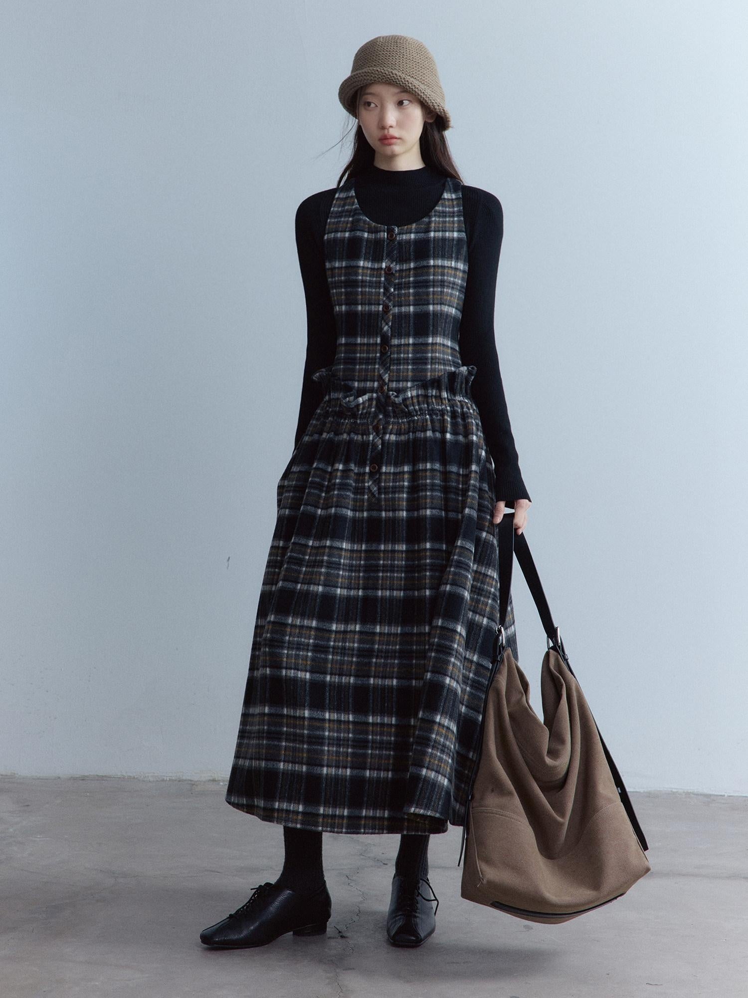 FUSSED Classic Tartan Low Waist Twist Pleat Aline Girly Button Maxi Dresses