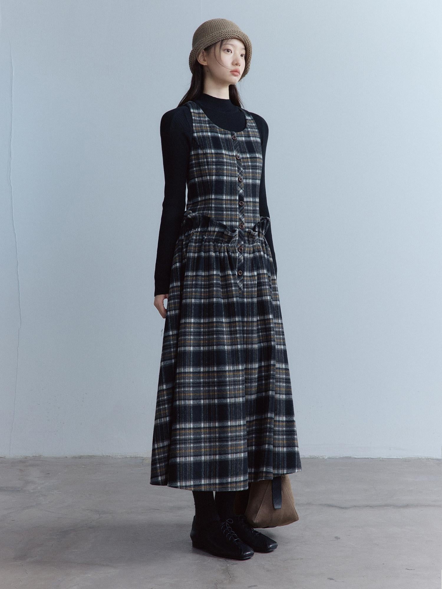 FUSSED Classic Tartan Low Waist Twist Pleat Aline Girly Button Maxi Dresses