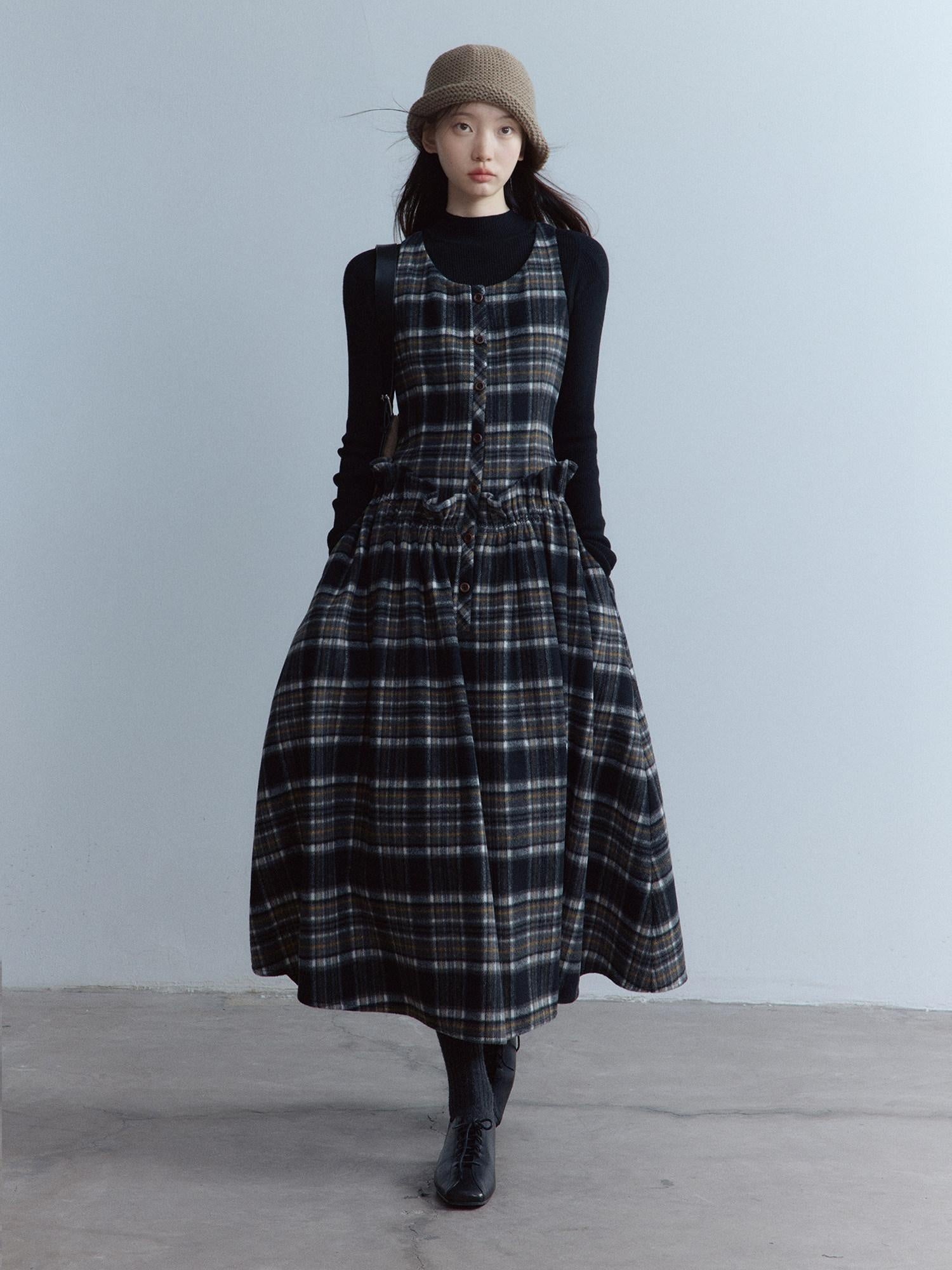 FUSSED Classic Tartan Low Waist Twist Pleat Aline Girly Button Maxi Dresses