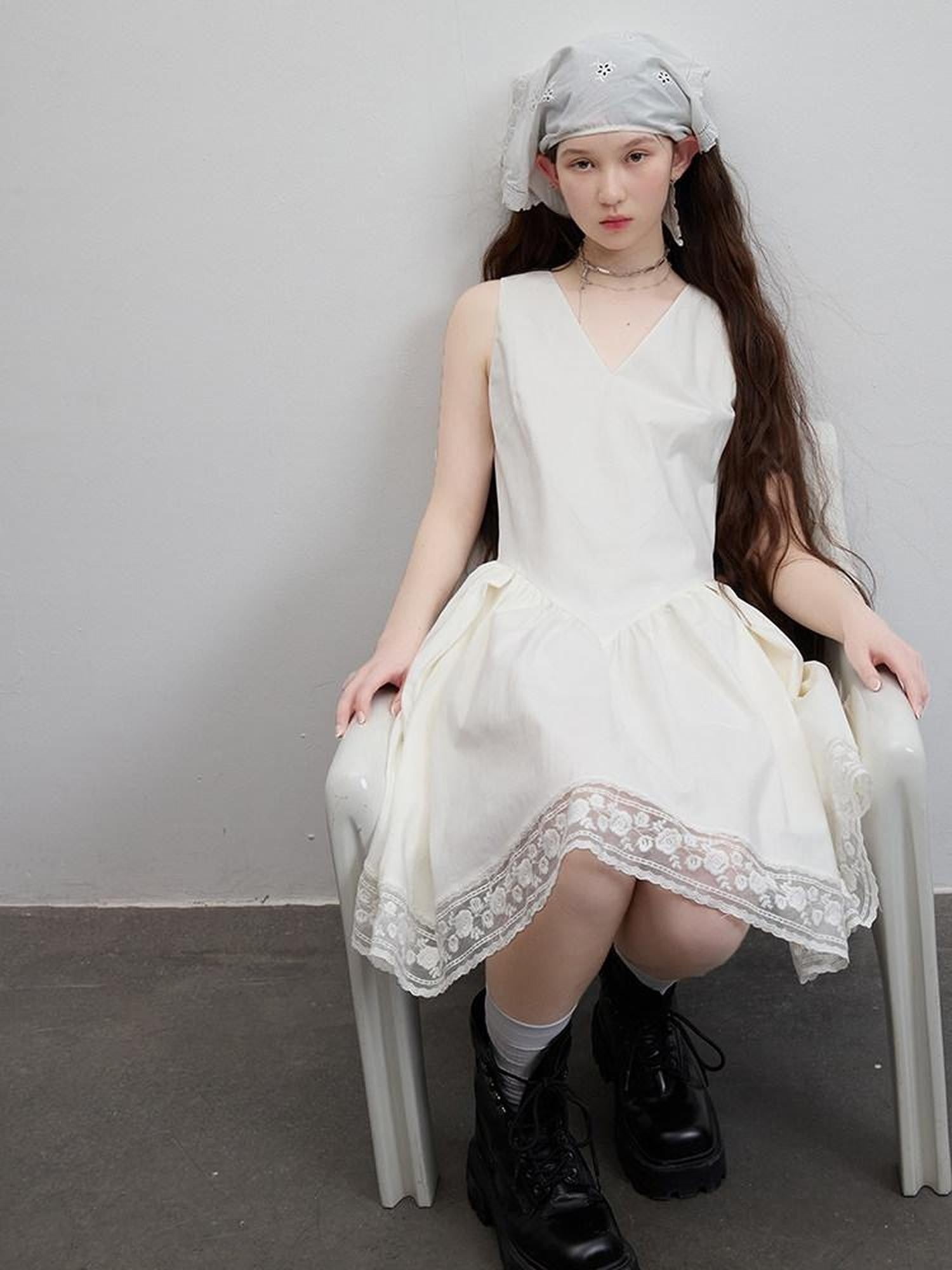 FUSSED Cloud White Pleated V-neck A Line Women&