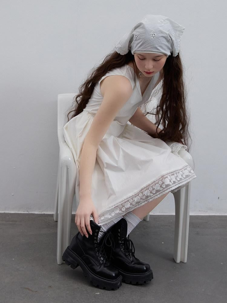 FUSSED Cloud White Pleated V-neck A Line Women&