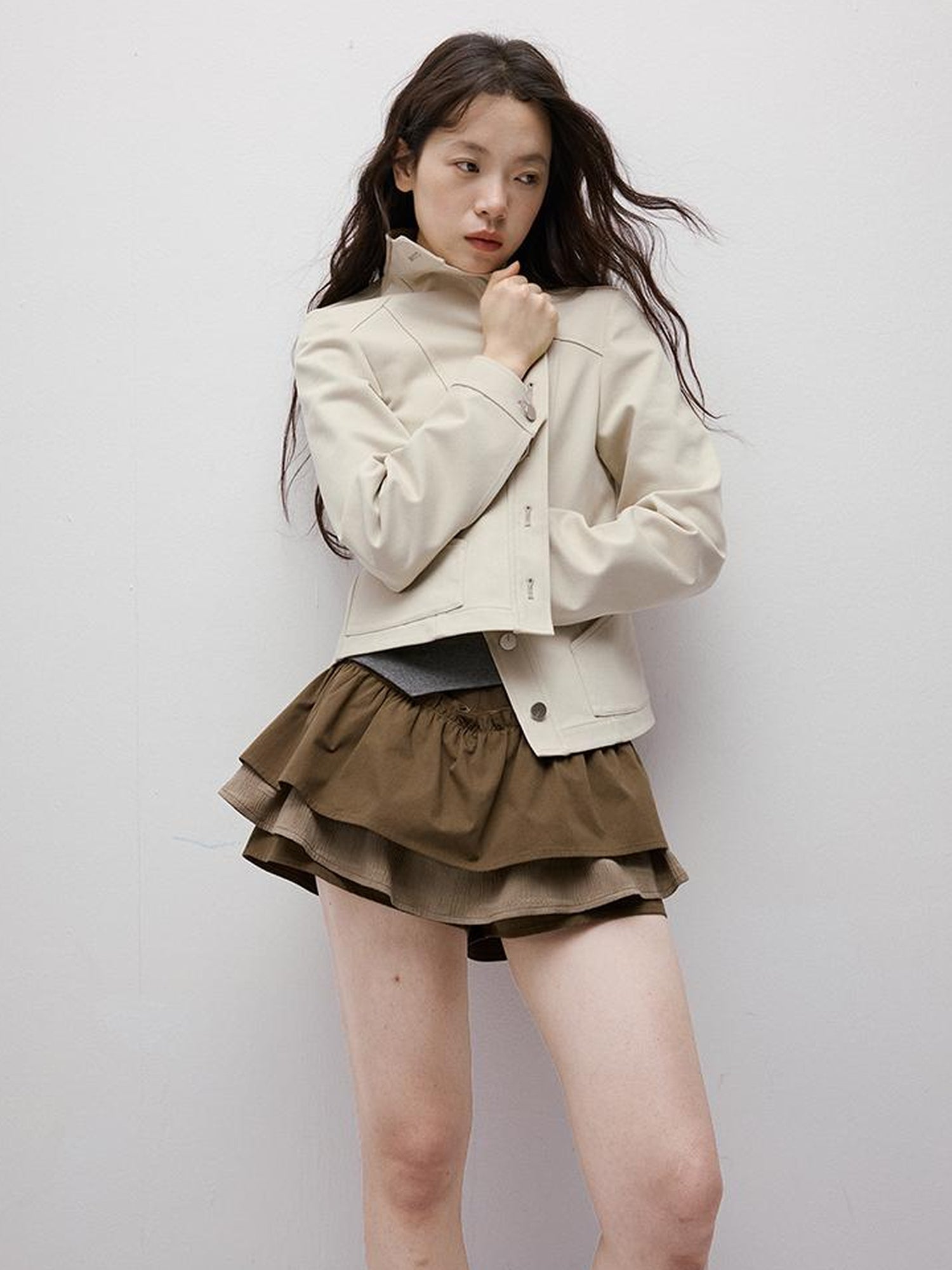 FUSSED Coffee Layered Shorts With Ruffle Trim