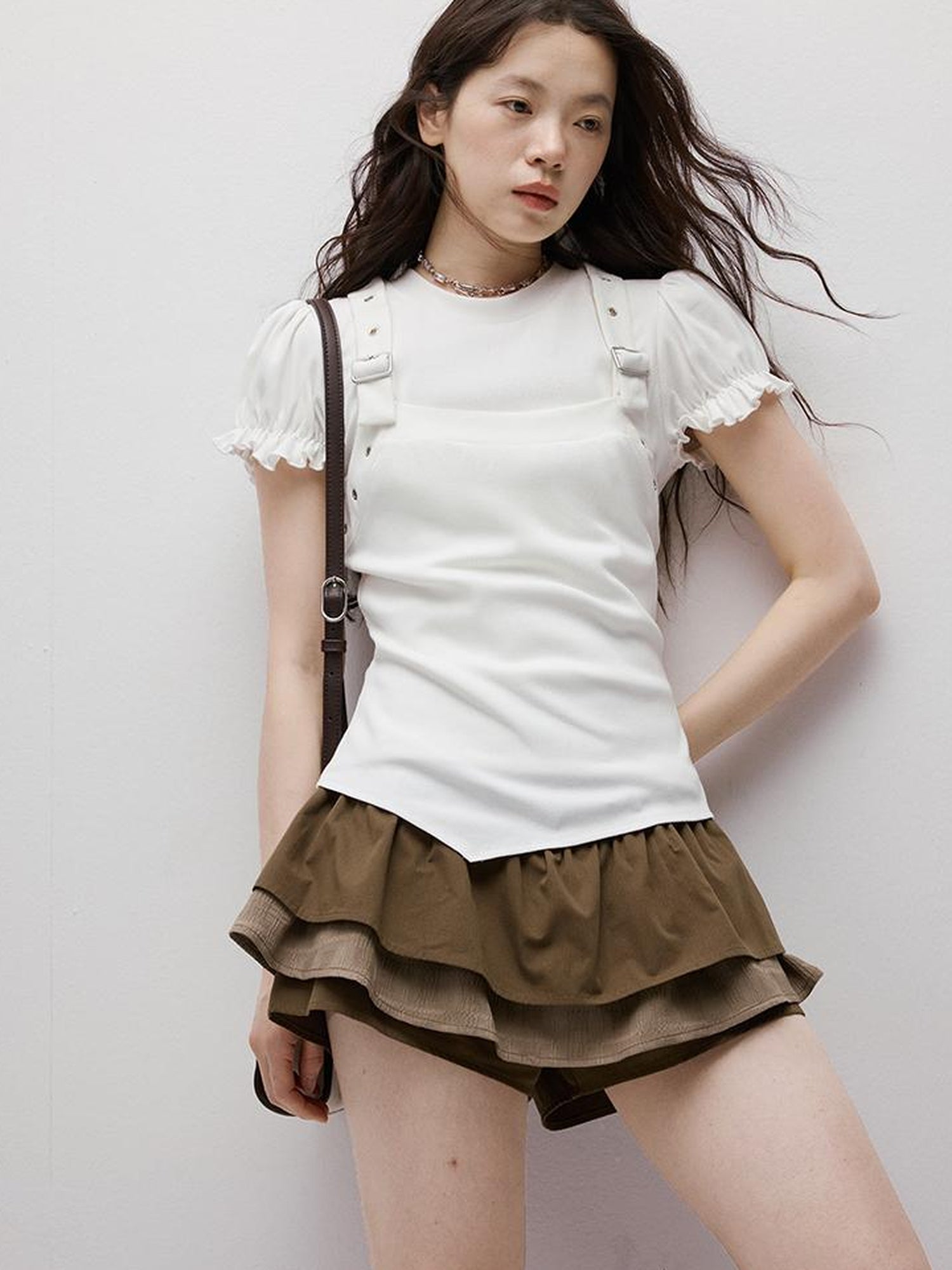 FUSSED Coffee Layered Shorts With Ruffle Trim