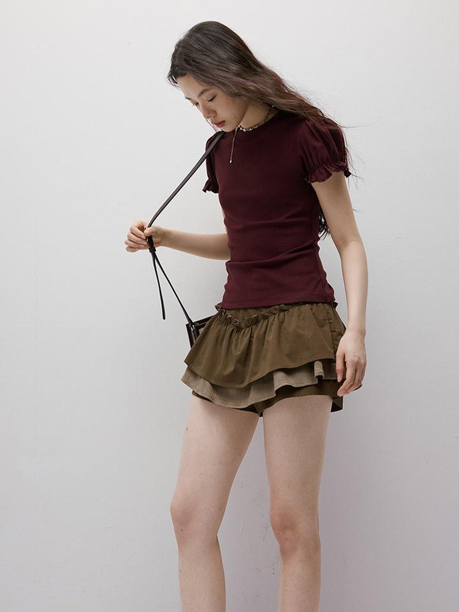 FUSSED Coffee Layered Shorts With Ruffle Trim