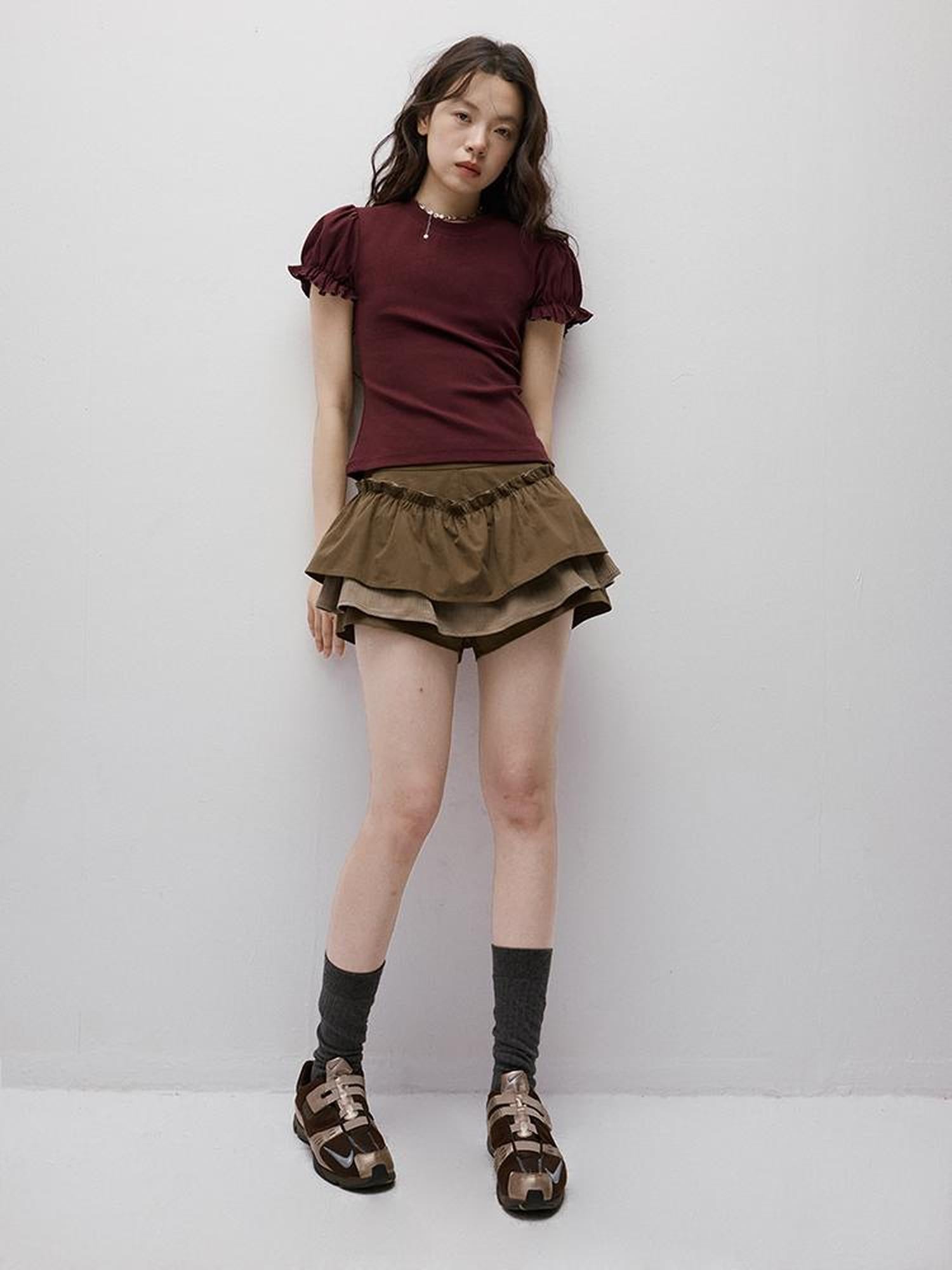FUSSED Coffee Layered Shorts With Ruffle Trim