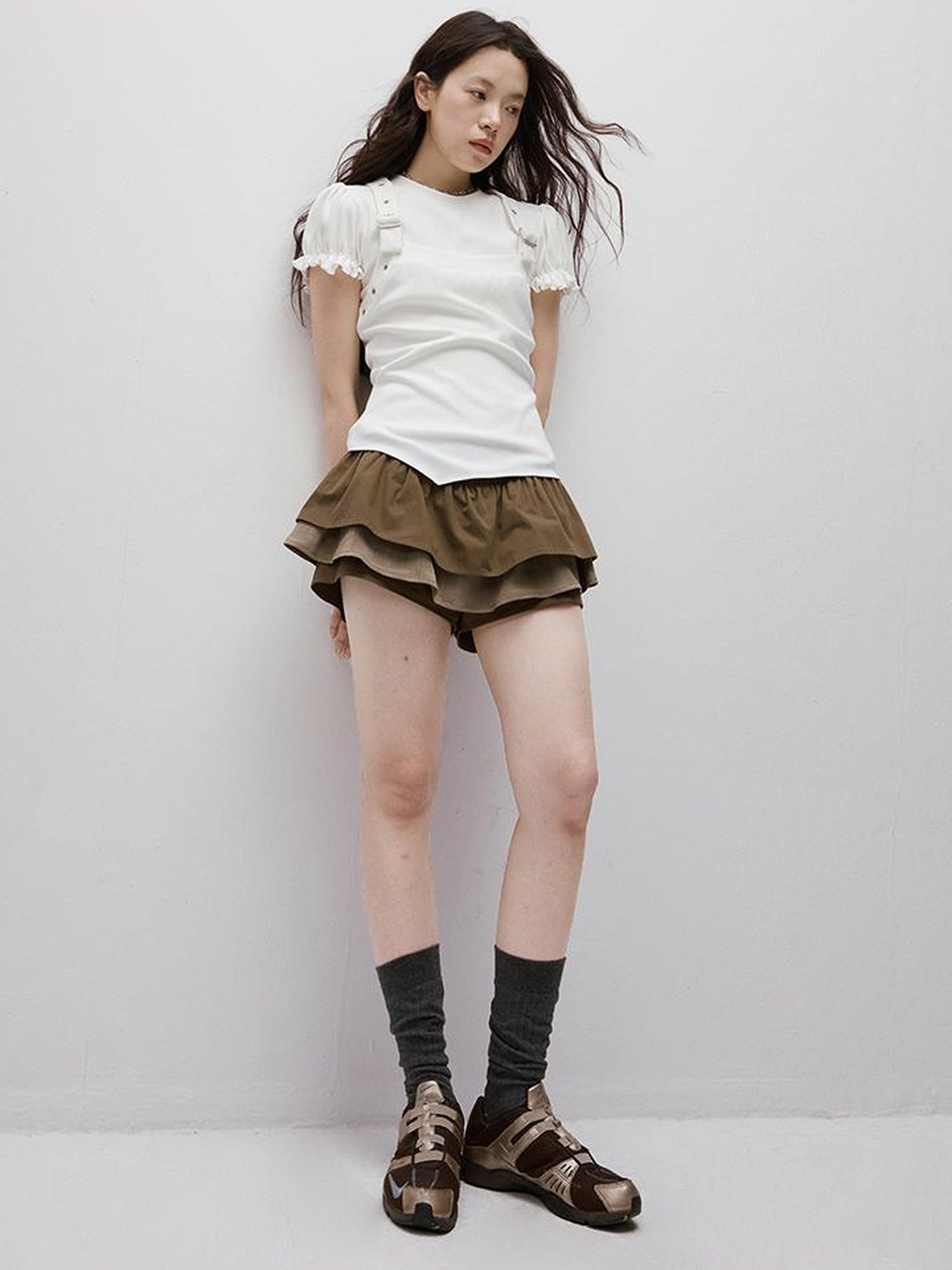 FUSSED Coffee Layered Shorts With Ruffle Trim