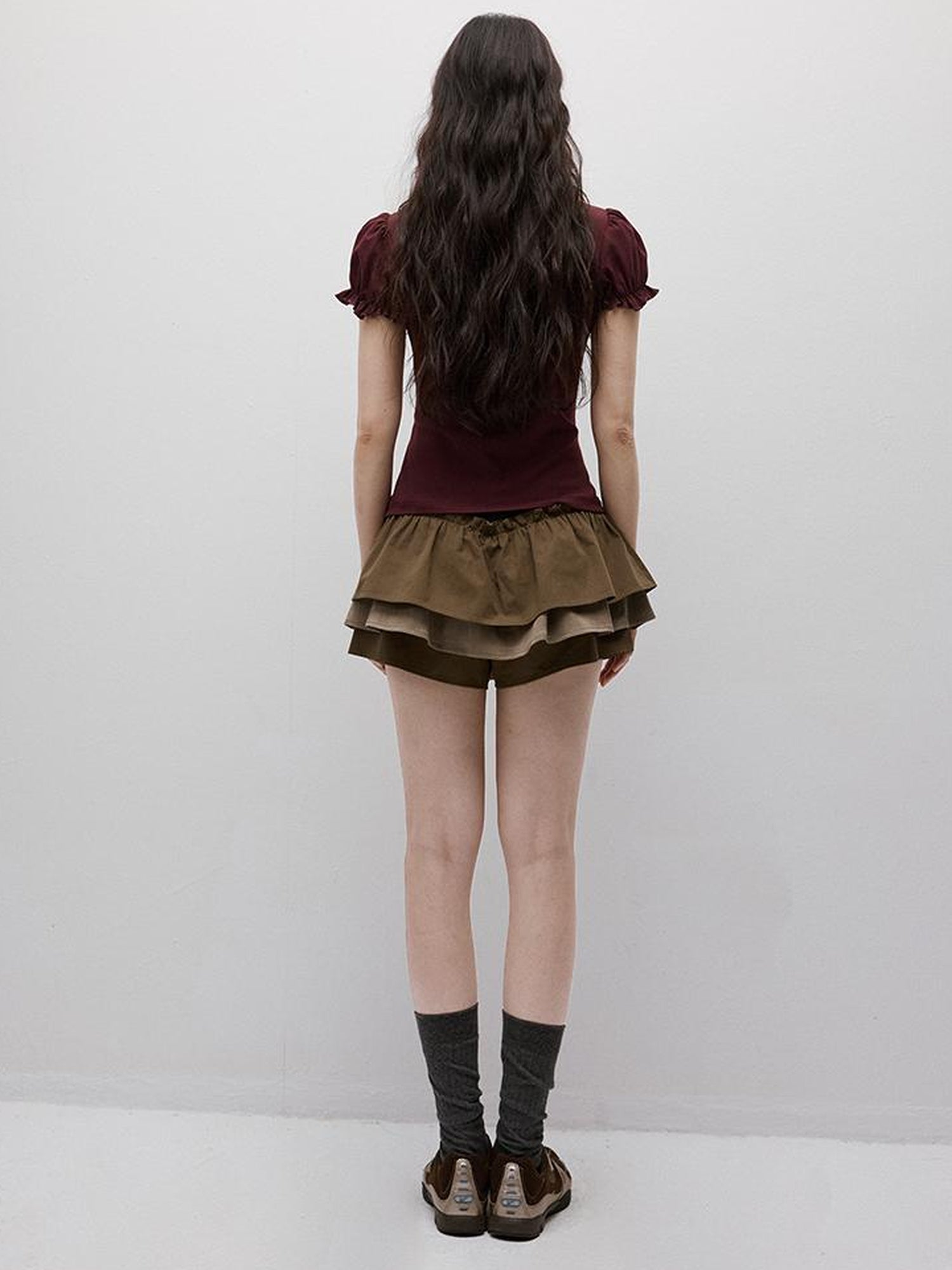 FUSSED Coffee Layered Shorts With Ruffle Trim