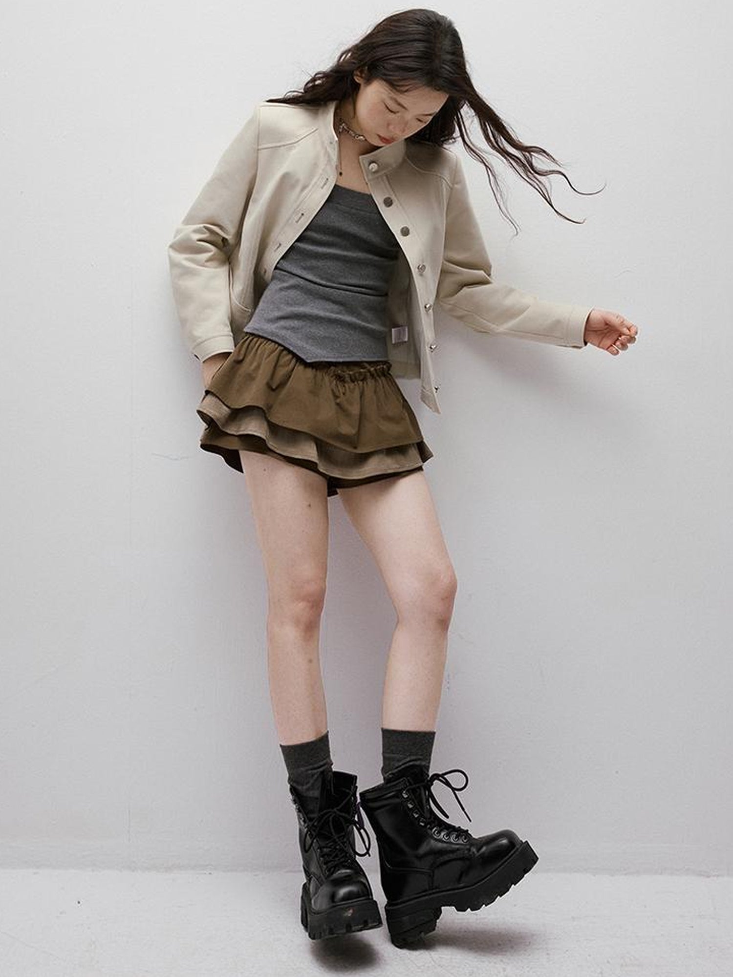 FUSSED Coffee Layered Shorts With Ruffle Trim