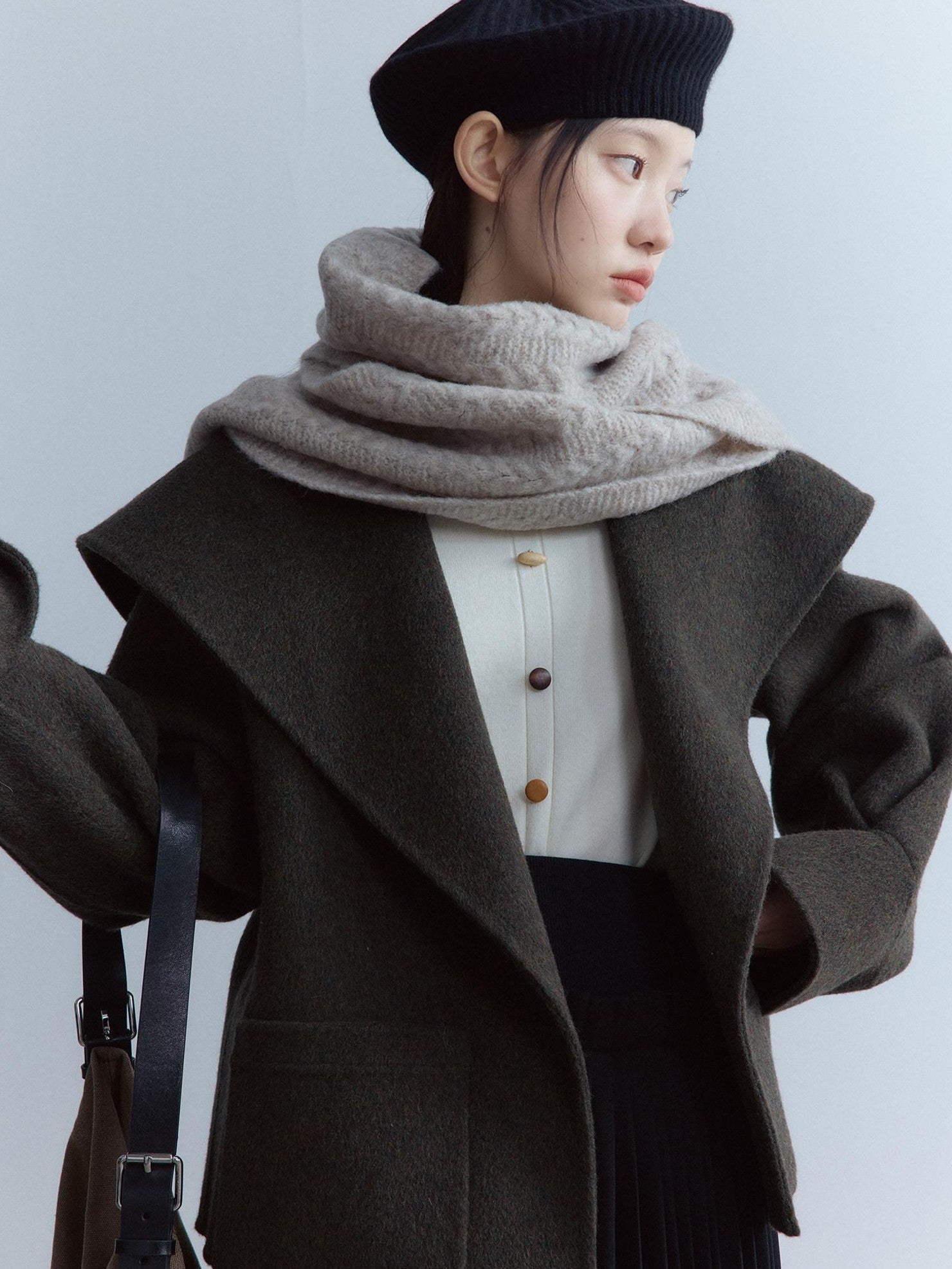 FUSSED Cozy Moss Green V-ceck Oversized Preppy Sweet Youth Long Sleeve Thick Coat