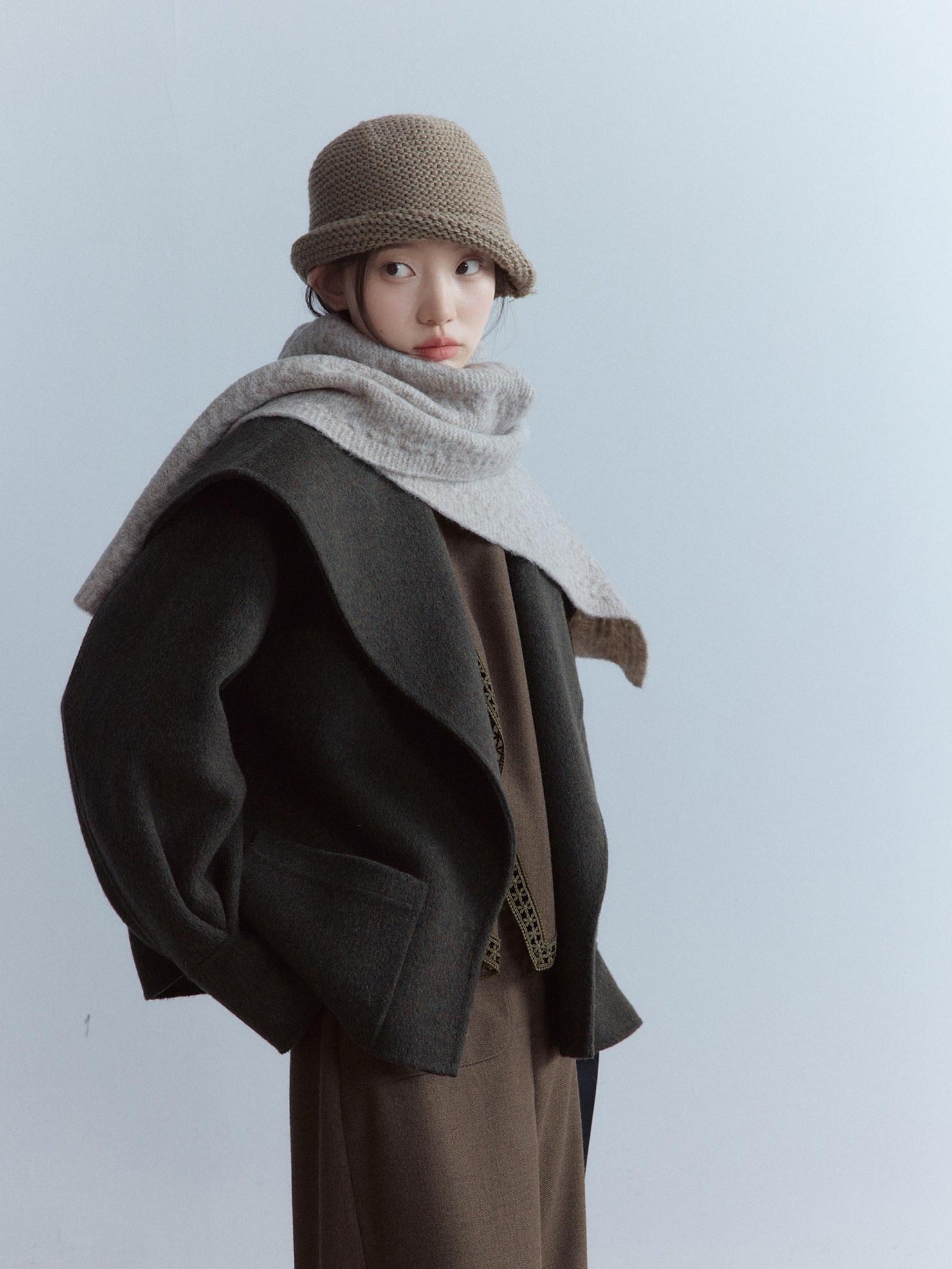 FUSSED Cozy Moss Green V-ceck Oversized Preppy Sweet Youth Long Sleeve Thick Coat