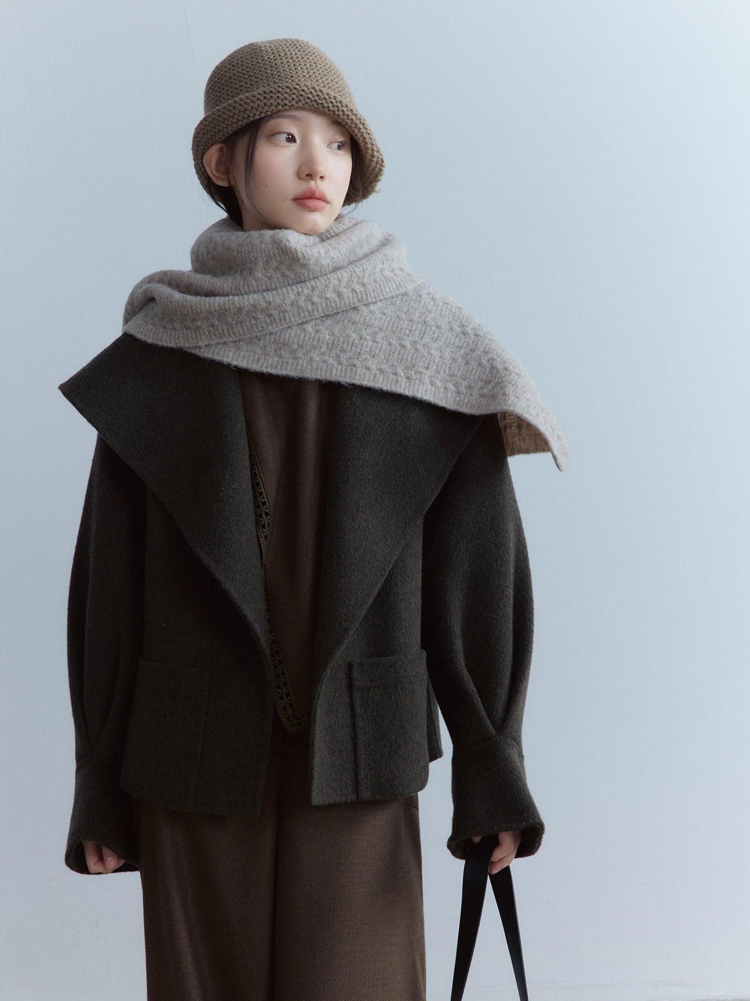 FUSSED Cozy Moss Green V-ceck Oversized Preppy Sweet Youth Long Sleeve Thick Coat