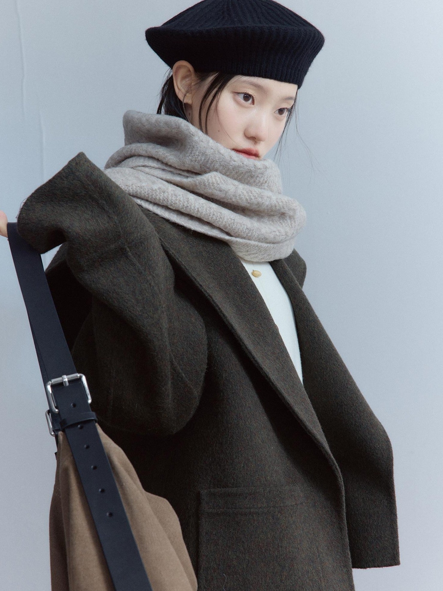 FUSSED Cozy Moss Green V-ceck Oversized Preppy Sweet Youth Long Sleeve Thick Coat