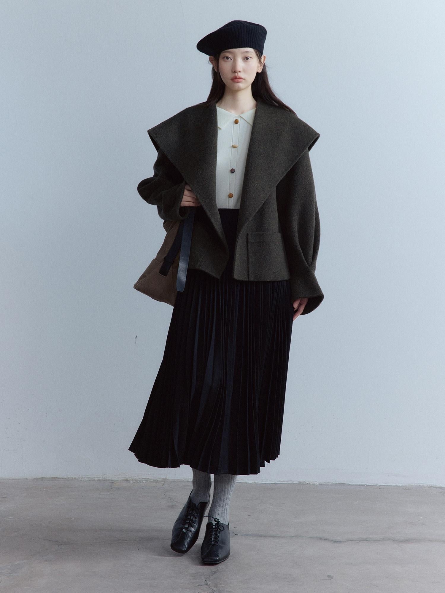 FUSSED Cozy Moss Green V-ceck Oversized Preppy Sweet Youth Long Sleeve Thick Coat